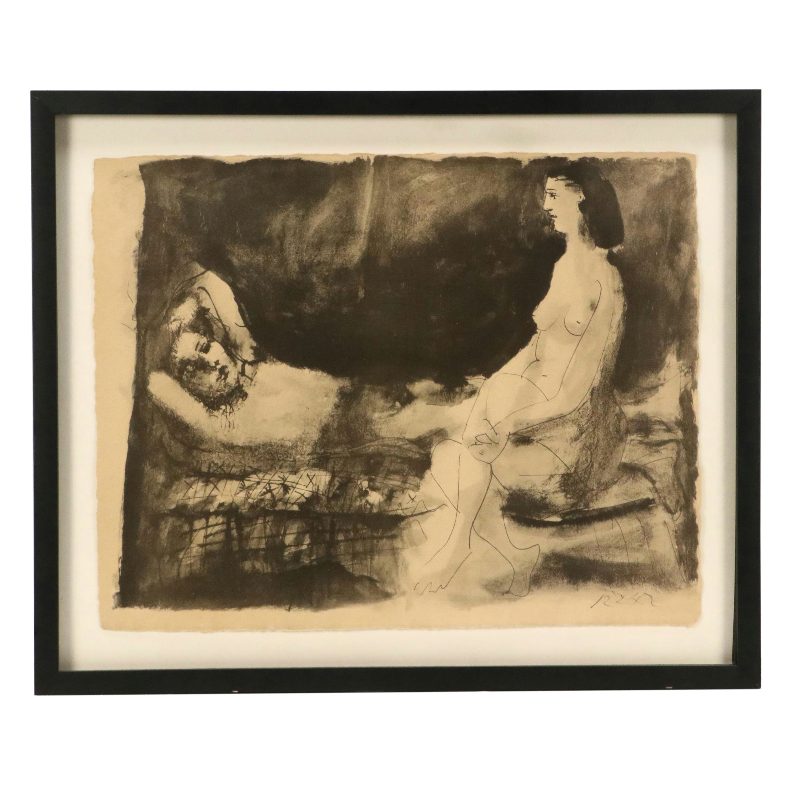 Lithograph After Pablo Picasso "Homme Couche et Femme Assise," Late 20th Century