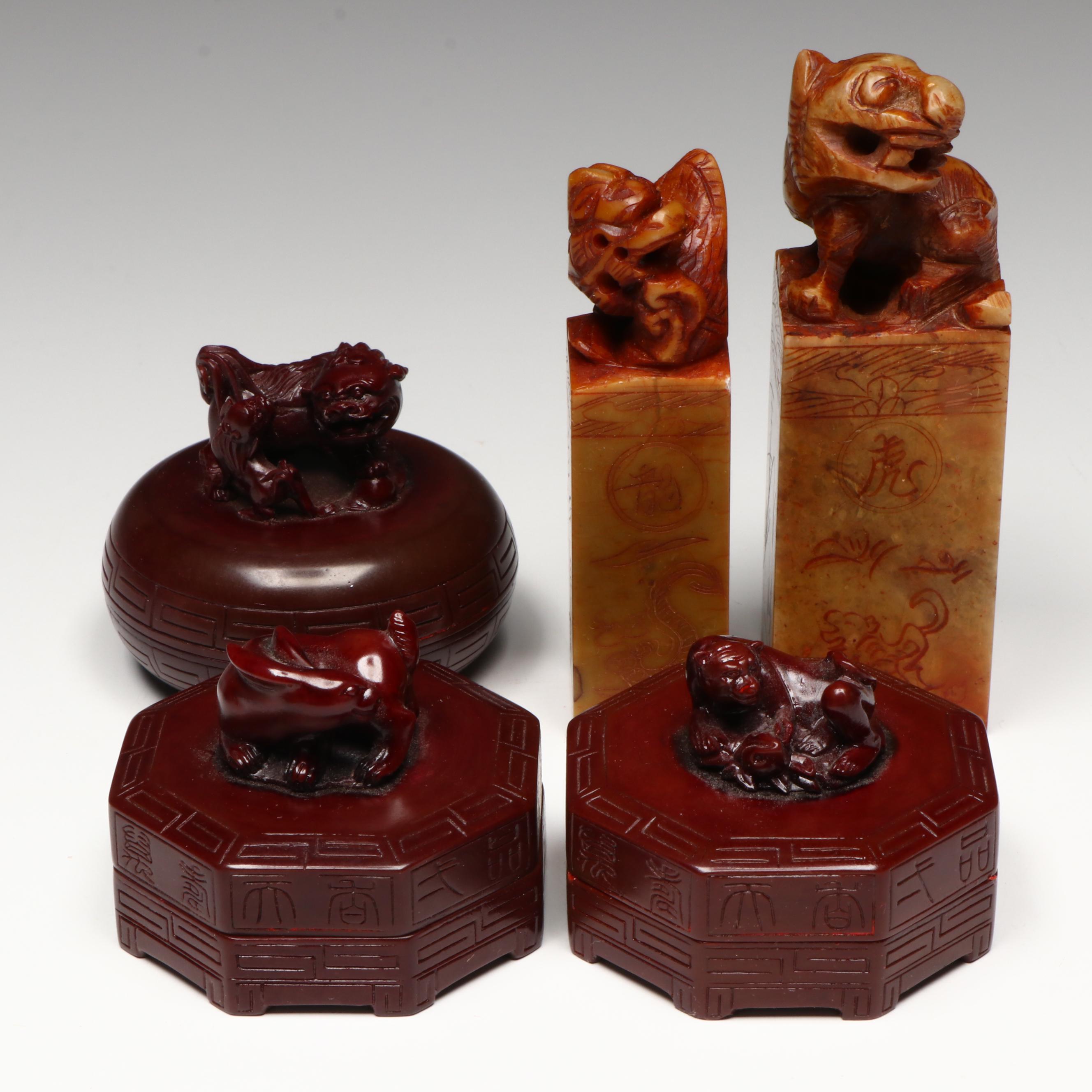 Chinese Carved Soapstone Seals and Faux Cinnabar Paste Boxes, with Boxes