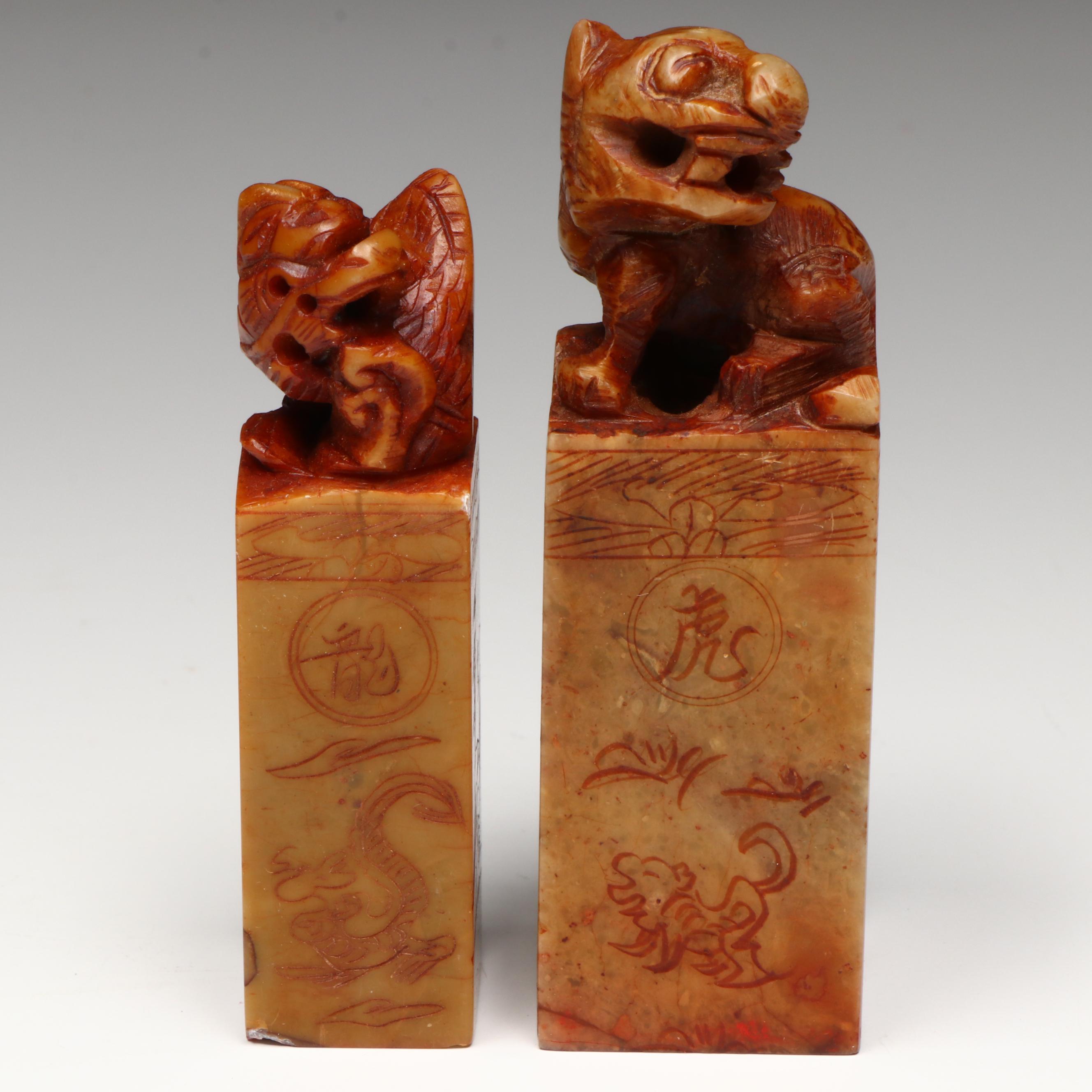 Chinese Carved Soapstone Seals and Faux Cinnabar Paste Boxes, with Boxes