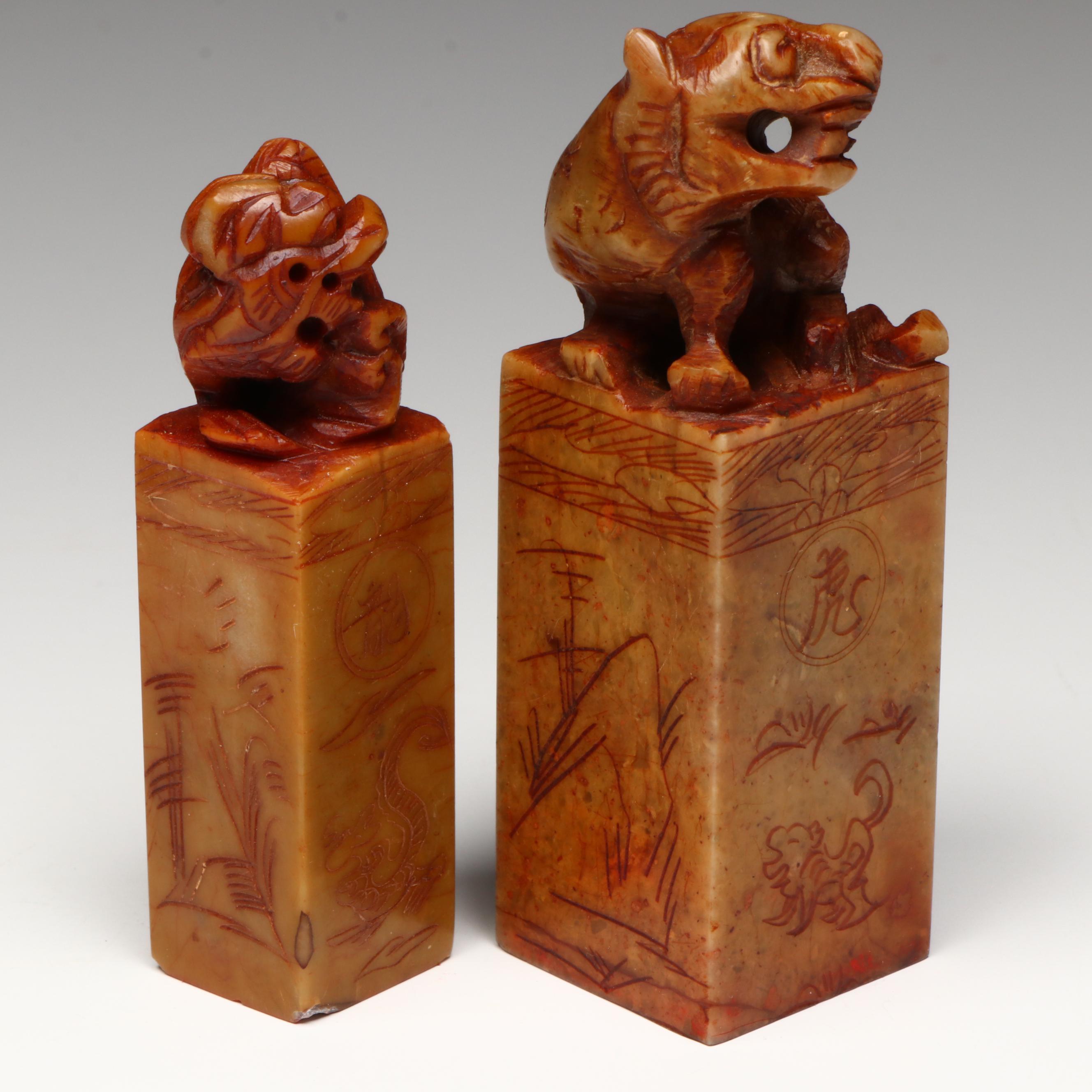 Chinese Carved Soapstone Seals and Faux Cinnabar Paste Boxes, with Boxes