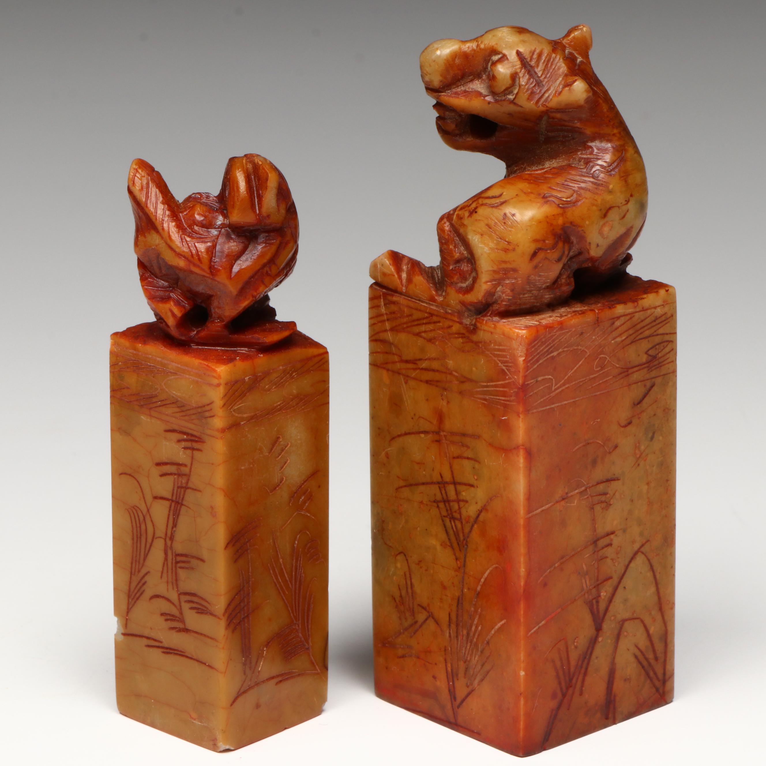 Chinese Carved Soapstone Seals and Faux Cinnabar Paste Boxes, with Boxes