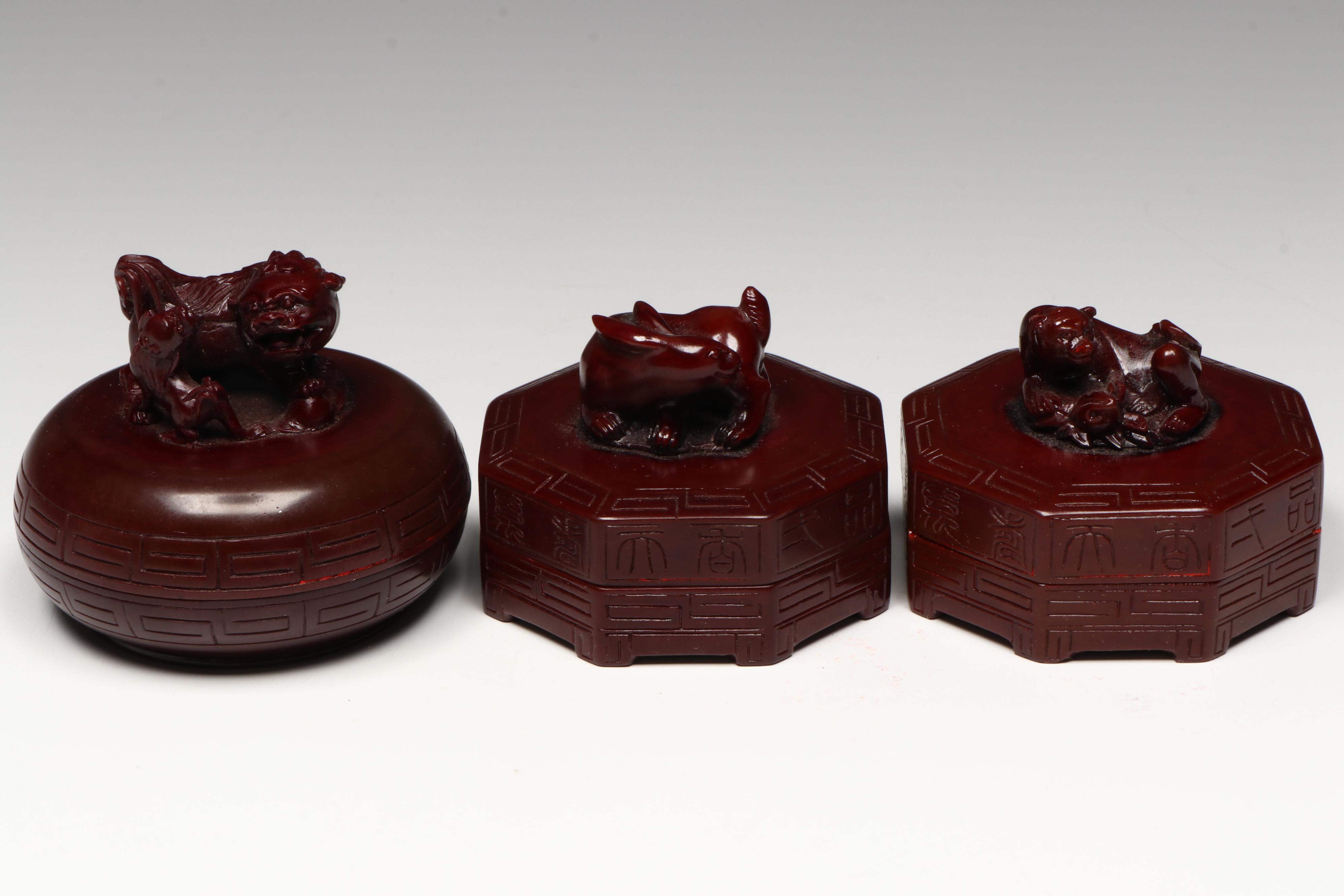 Chinese Carved Soapstone Seals and Faux Cinnabar Paste Boxes, with Boxes