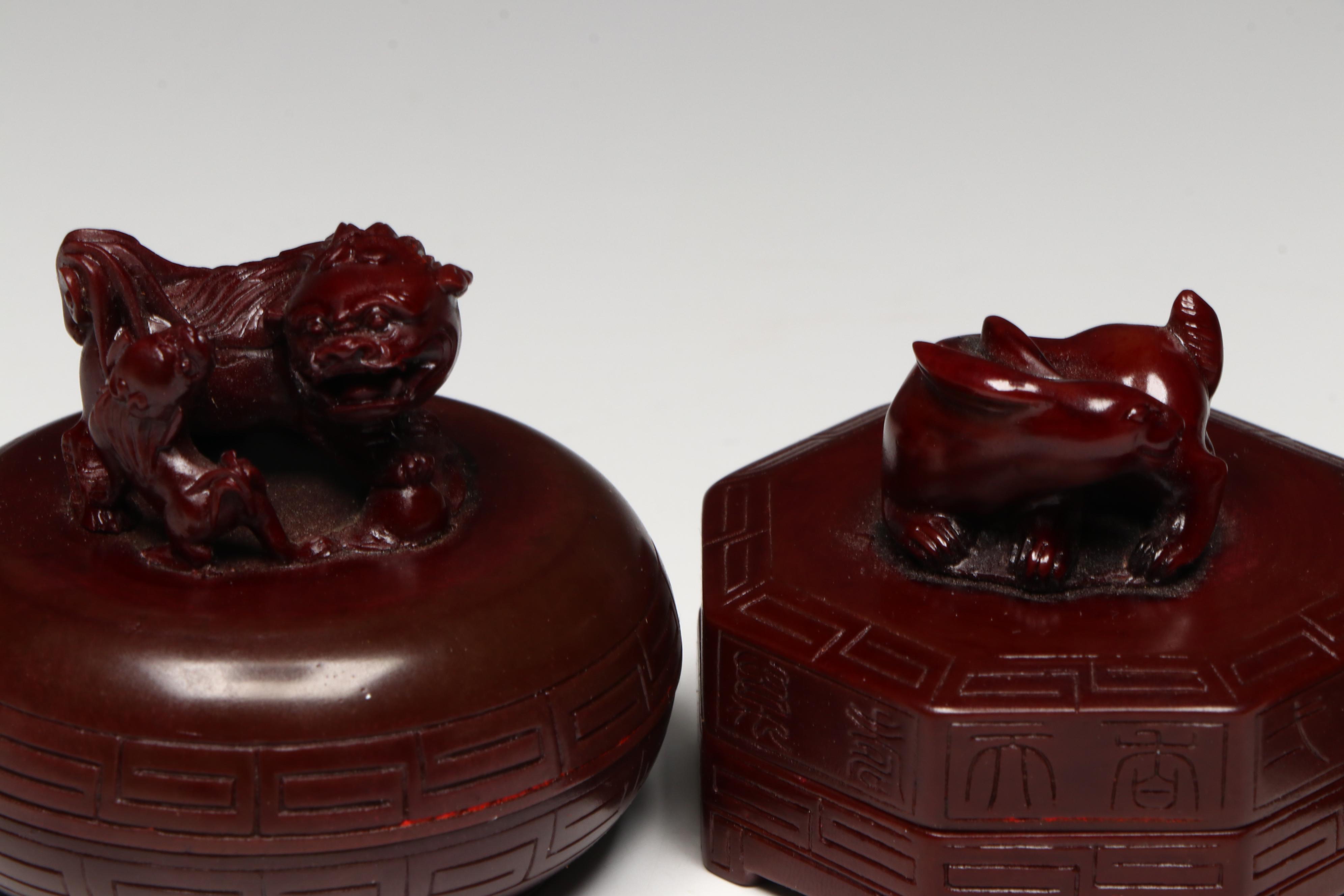 Chinese Carved Soapstone Seals and Faux Cinnabar Paste Boxes, with Boxes