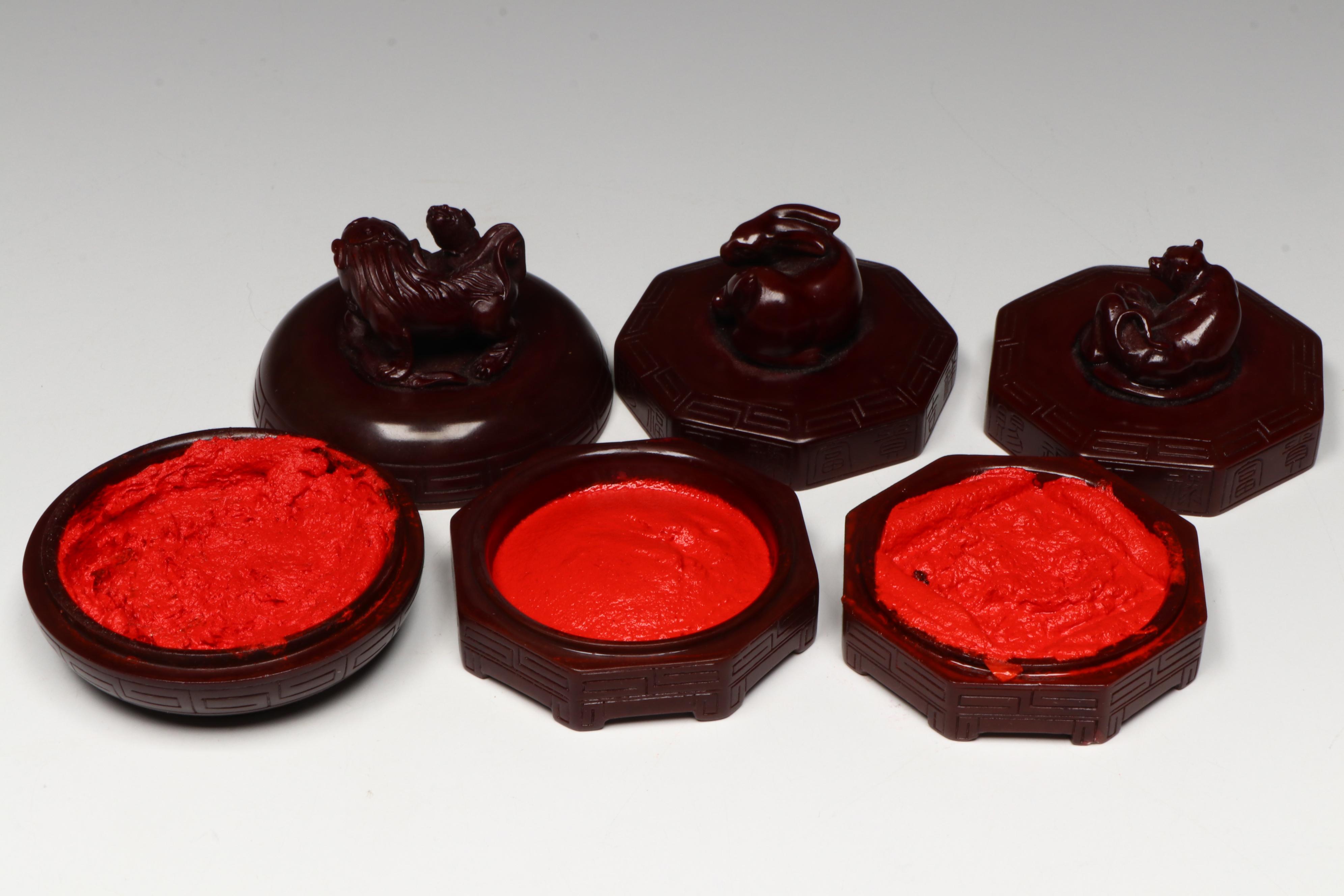 Chinese Carved Soapstone Seals and Faux Cinnabar Paste Boxes, with Boxes