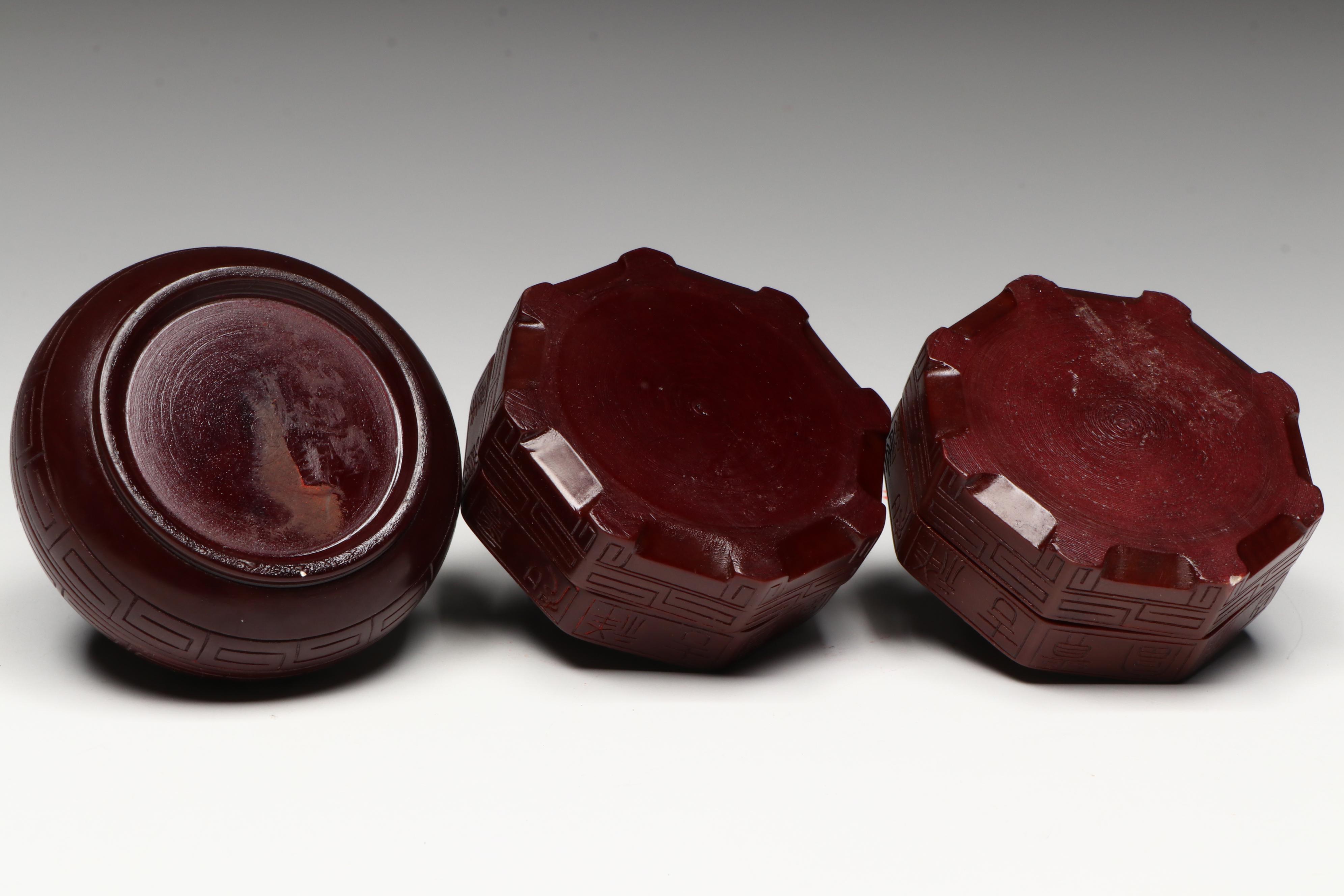 Chinese Carved Soapstone Seals and Faux Cinnabar Paste Boxes, with Boxes