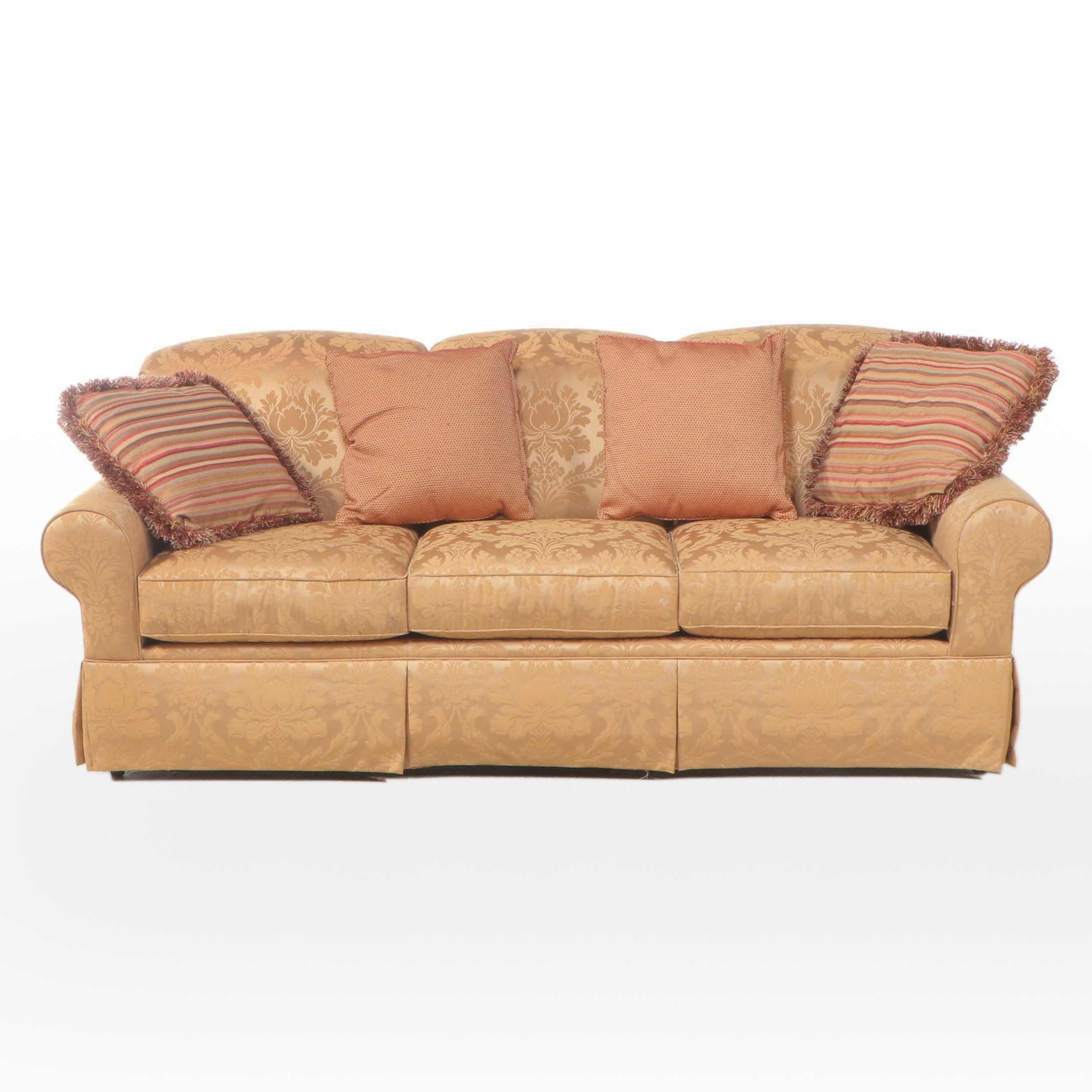 Bassett Damask Upholstered Sofa with Accent Pillows
