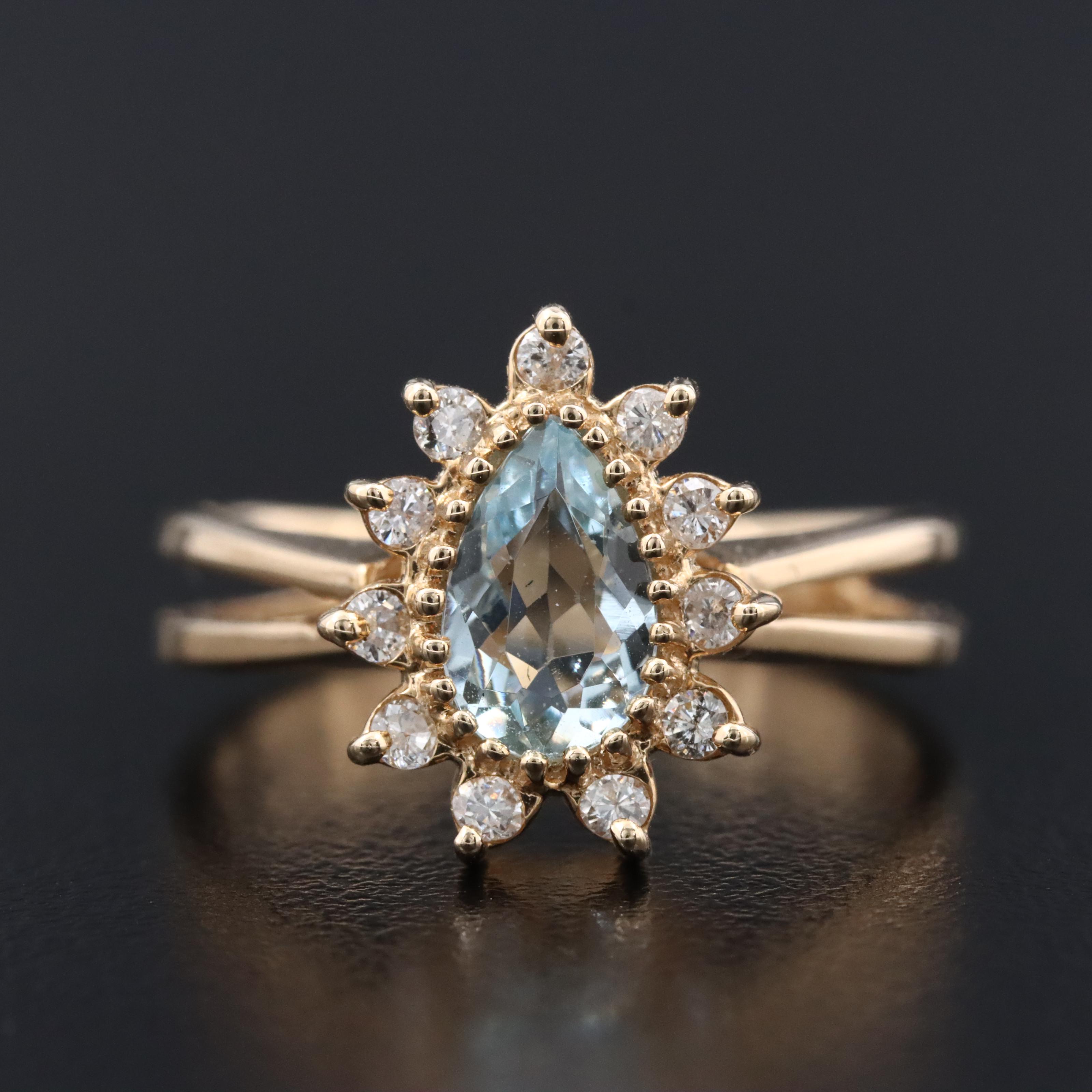 14K Aquamarine and Diamond Halo Ring
