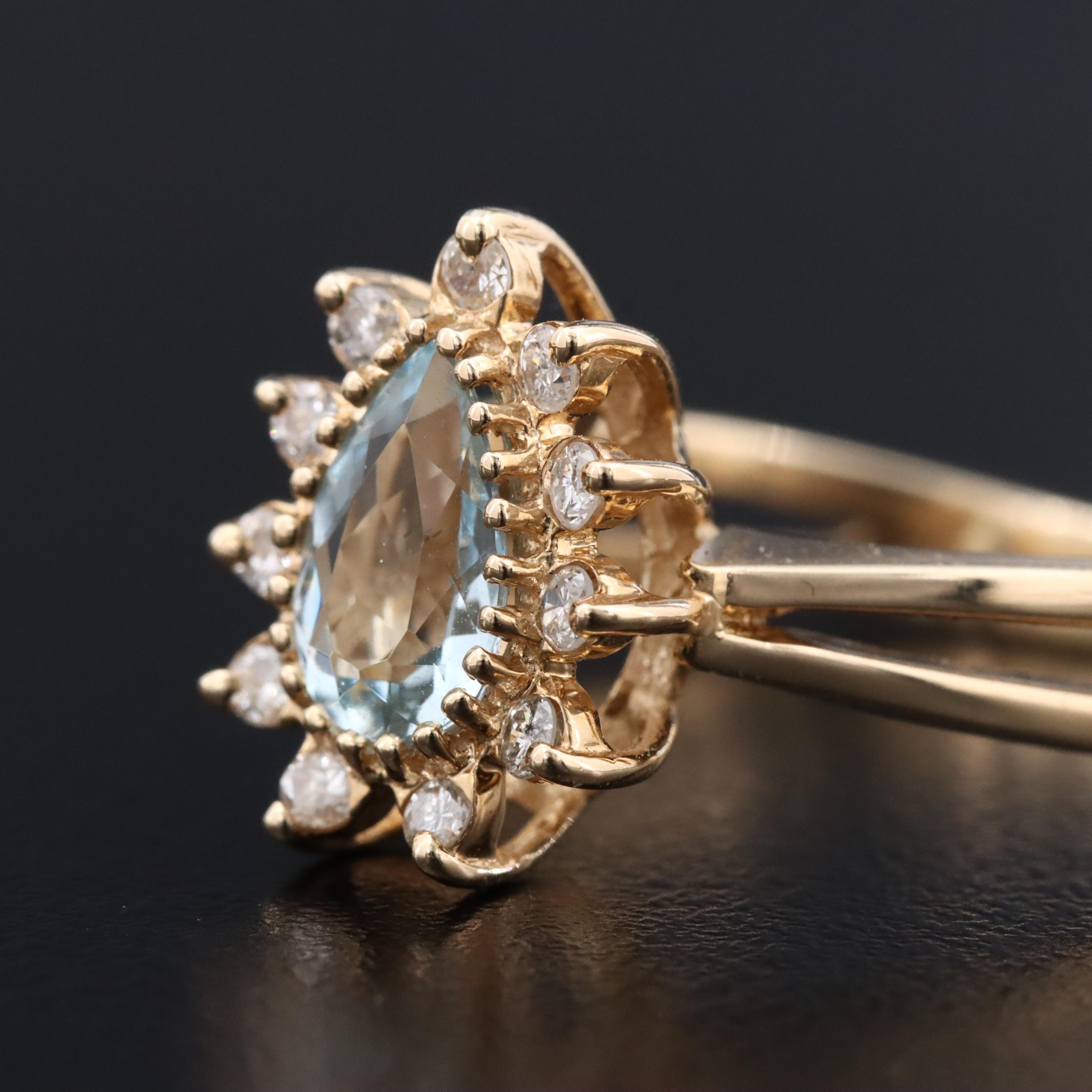 14K Aquamarine and Diamond Halo Ring