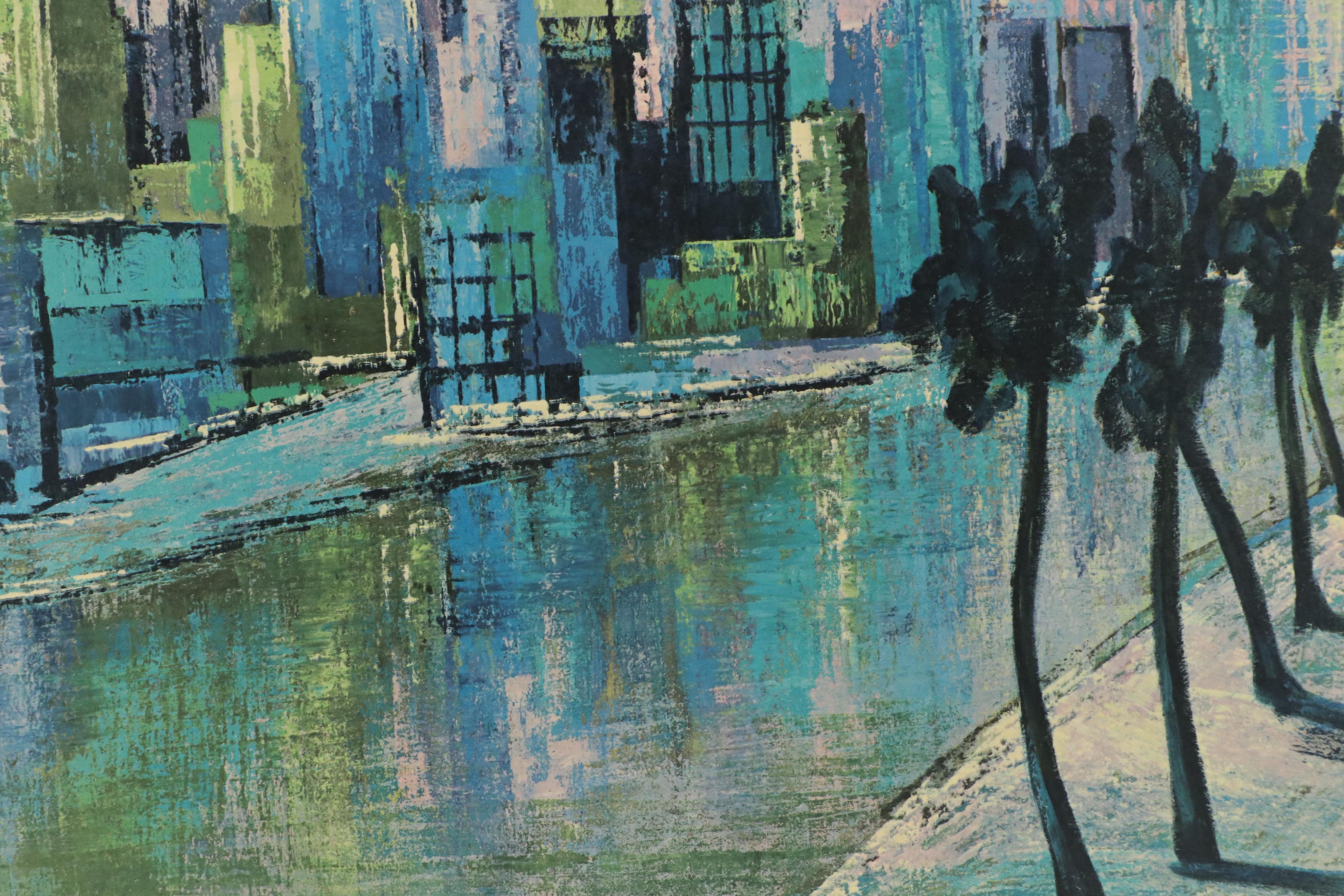 After Jean Maio Offset Lithograph of Urban Canal Scene "Skyscraper Blues"