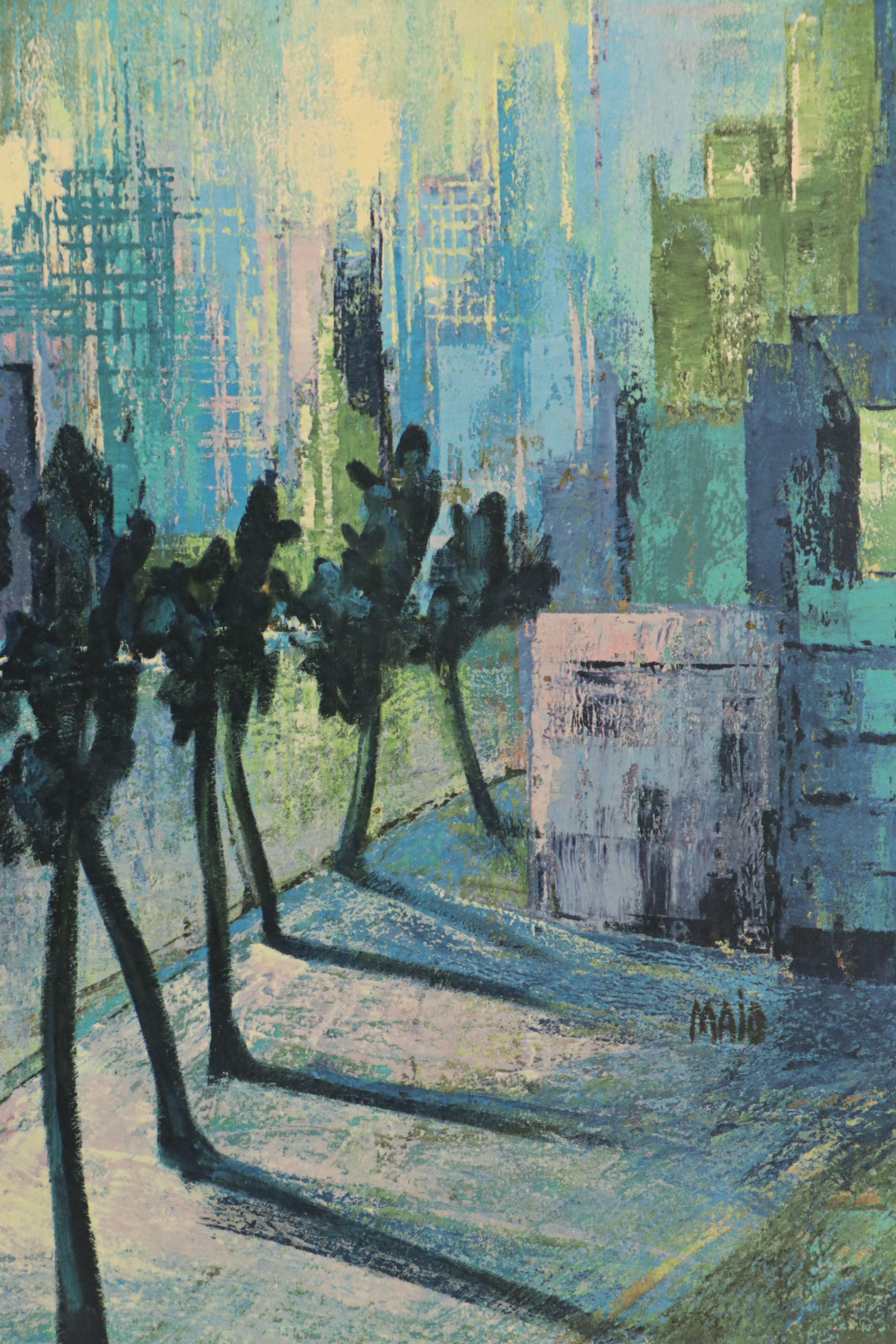 After Jean Maio Offset Lithograph of Urban Canal Scene "Skyscraper Blues"