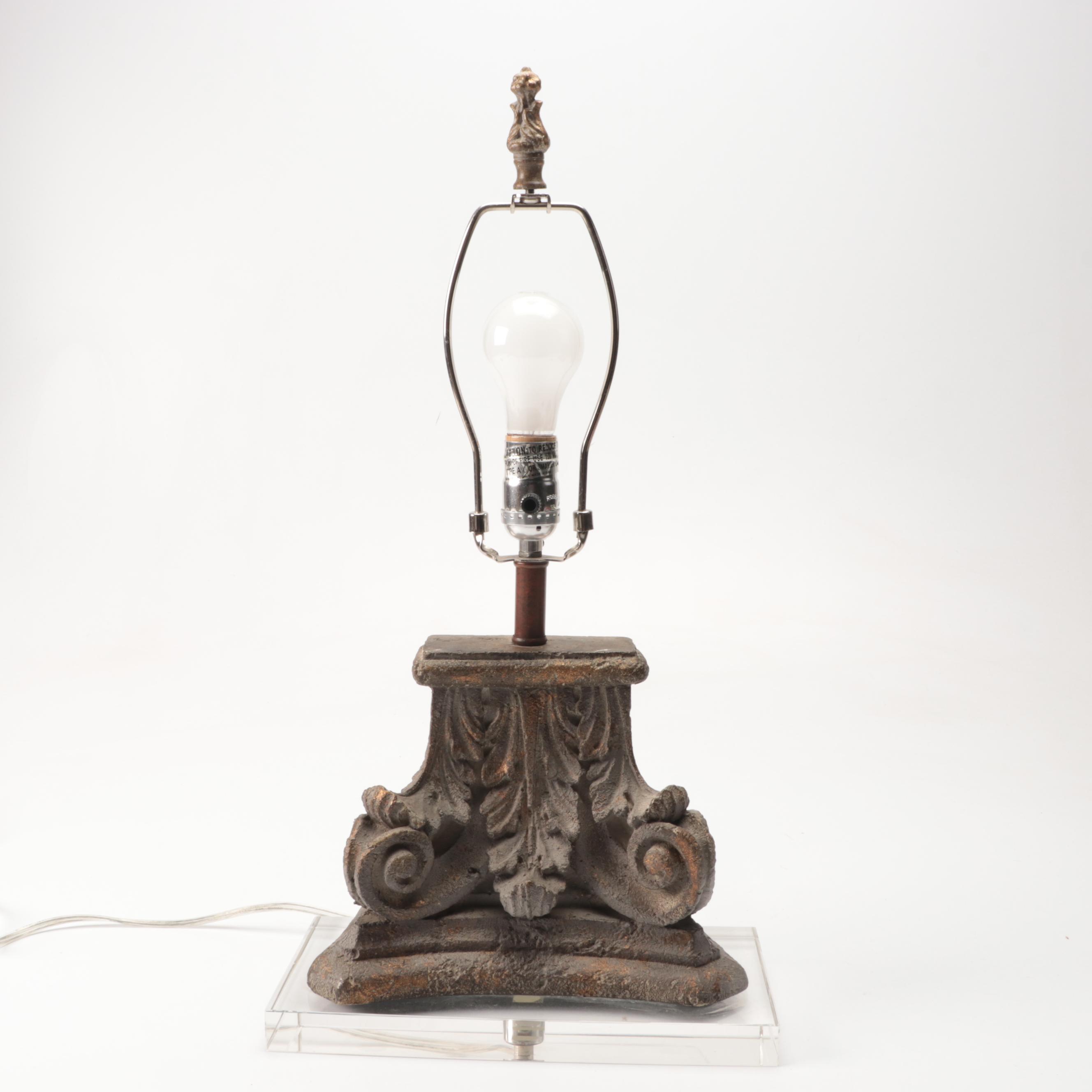 Neoclassical Corinthian Column Form Faux Stone Lamp on Glass Base