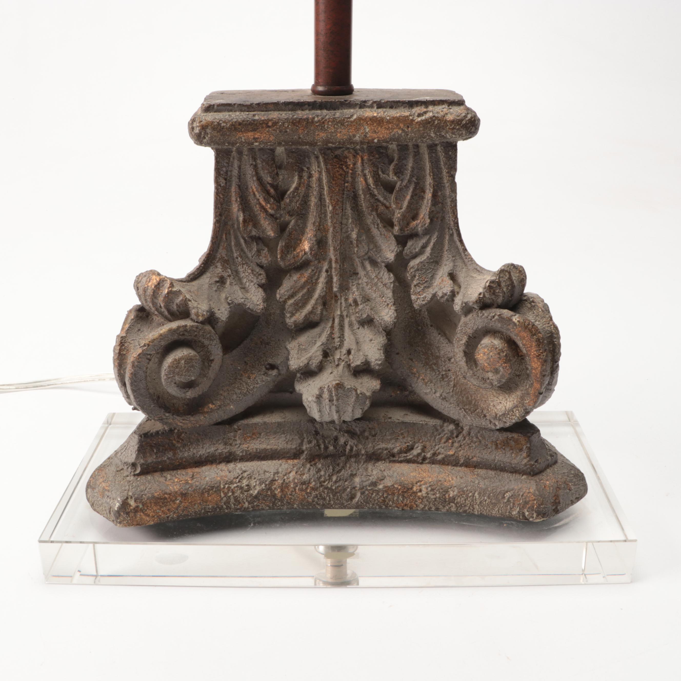 Neoclassical Corinthian Column Form Faux Stone Lamp on Glass Base