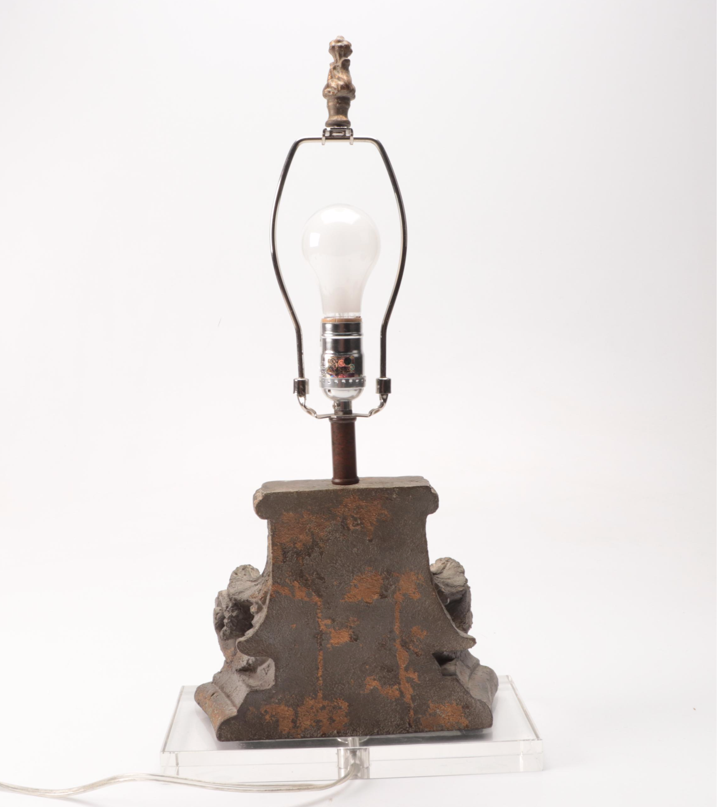 Neoclassical Corinthian Column Form Faux Stone Lamp on Glass Base