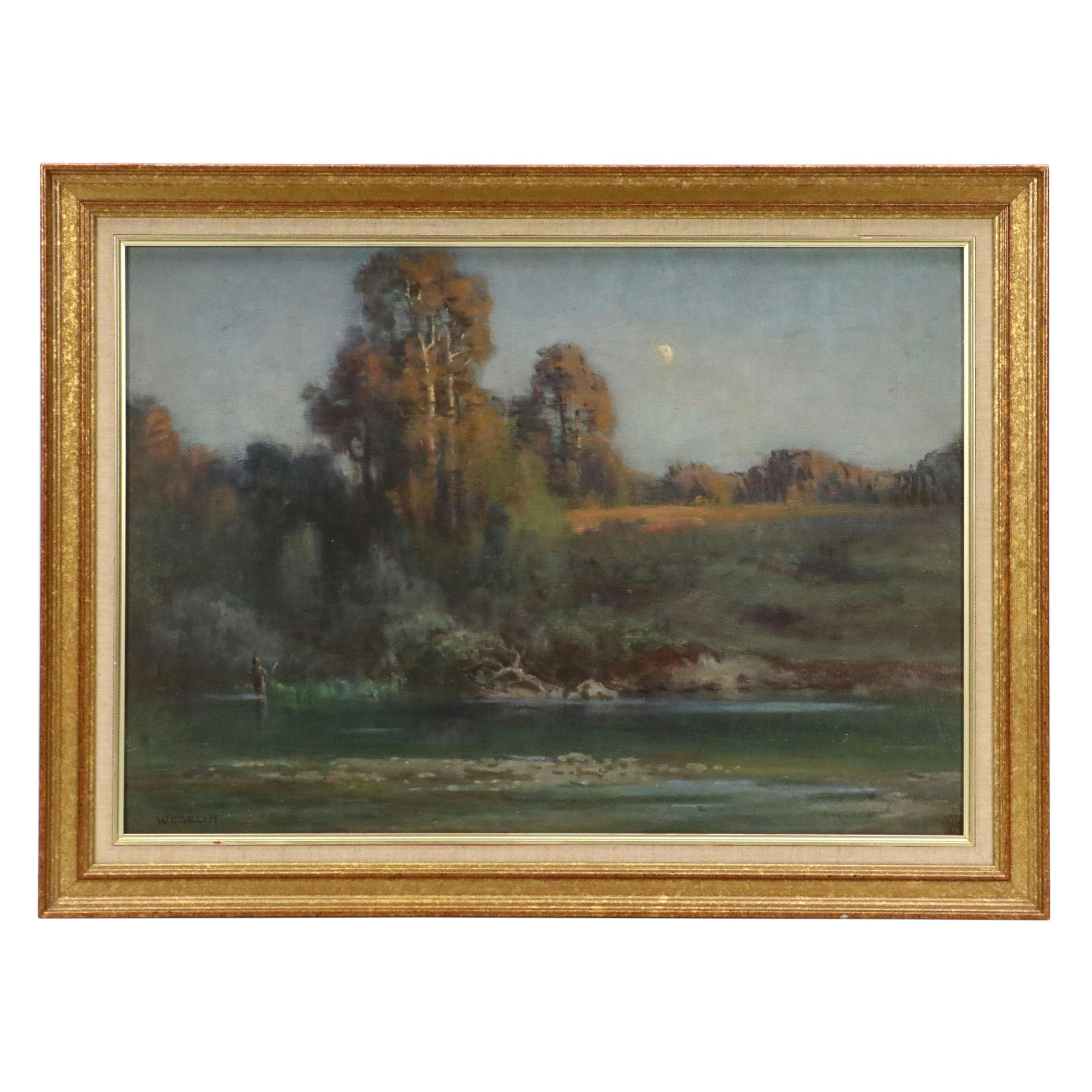 Émile Wegelin River Landscape with Fisher, Circa 1940