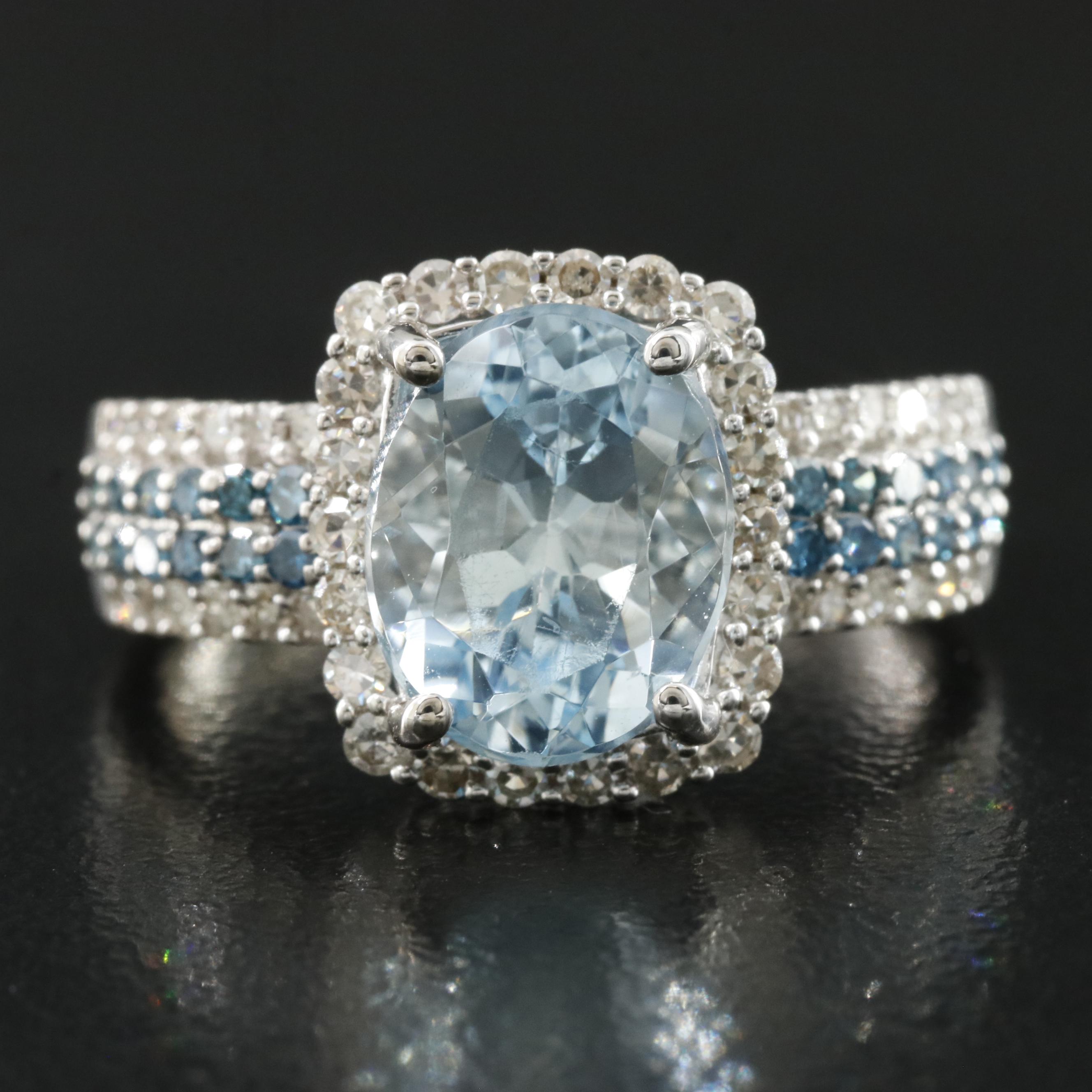 14K Aquamarine and Diamond Ring Including Lab Grown Fancy Blue Diamonds
