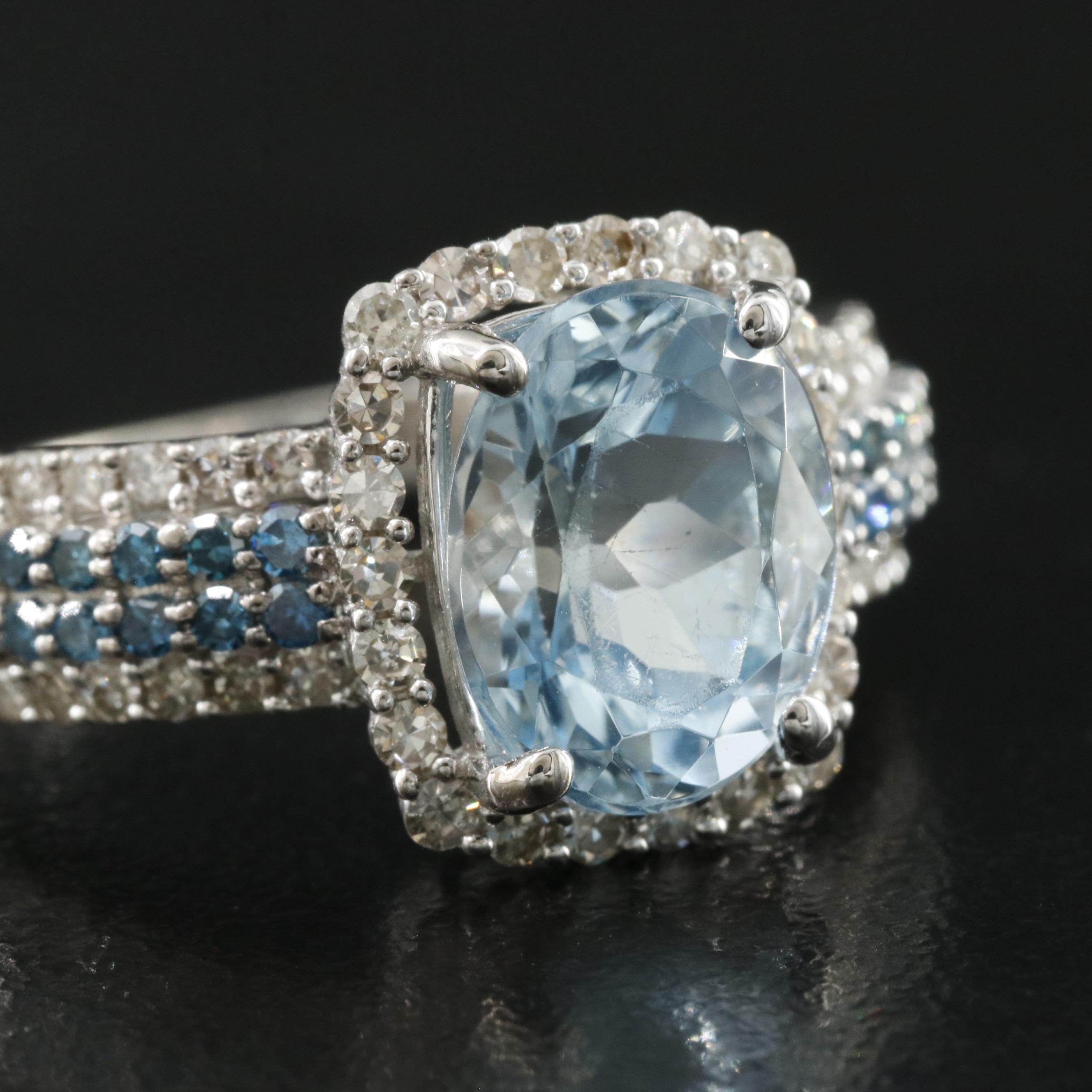 14K Aquamarine and Diamond Ring Including Lab Grown Fancy Blue Diamonds