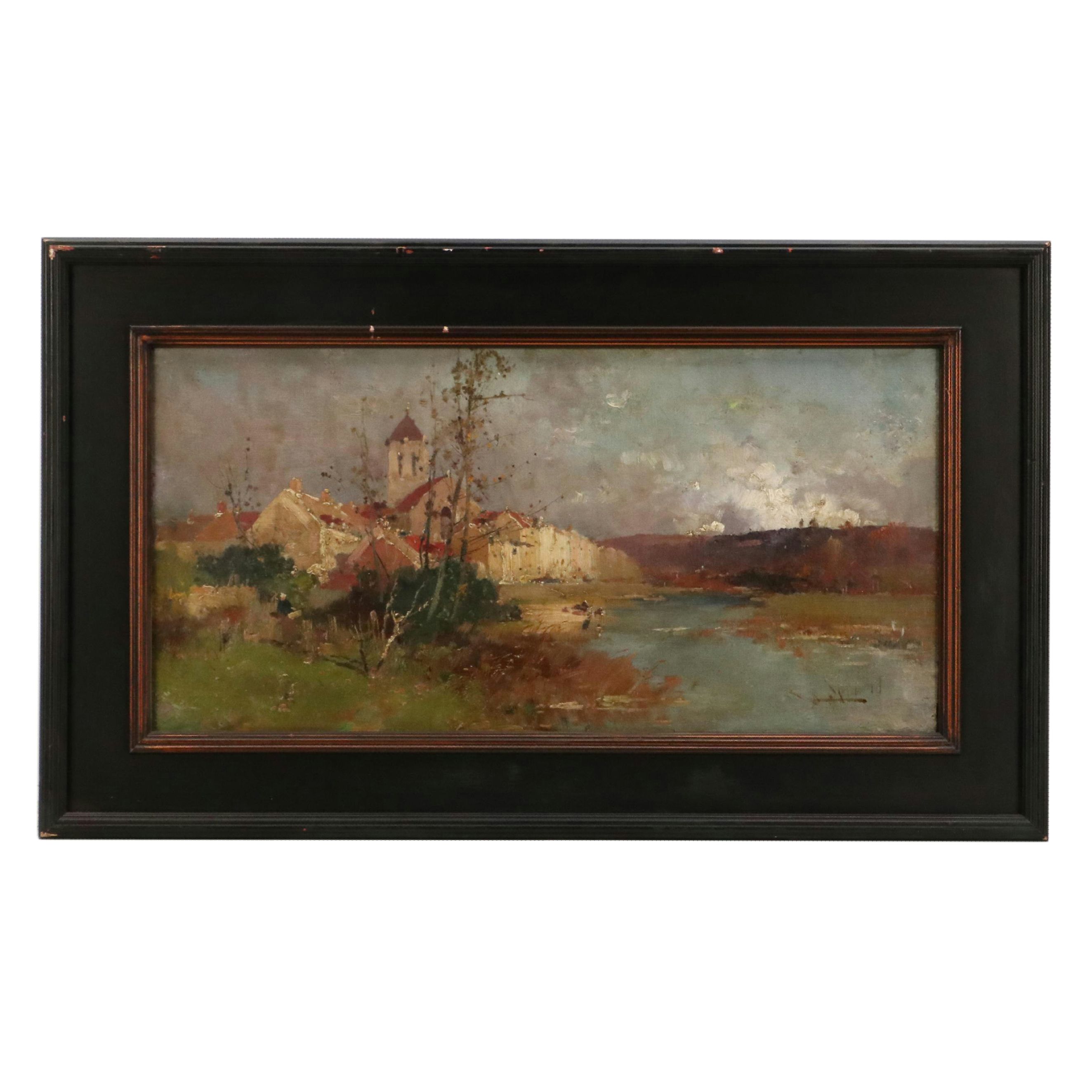 Impressionistic Landscape Oil Painting of Church, Circa 1940