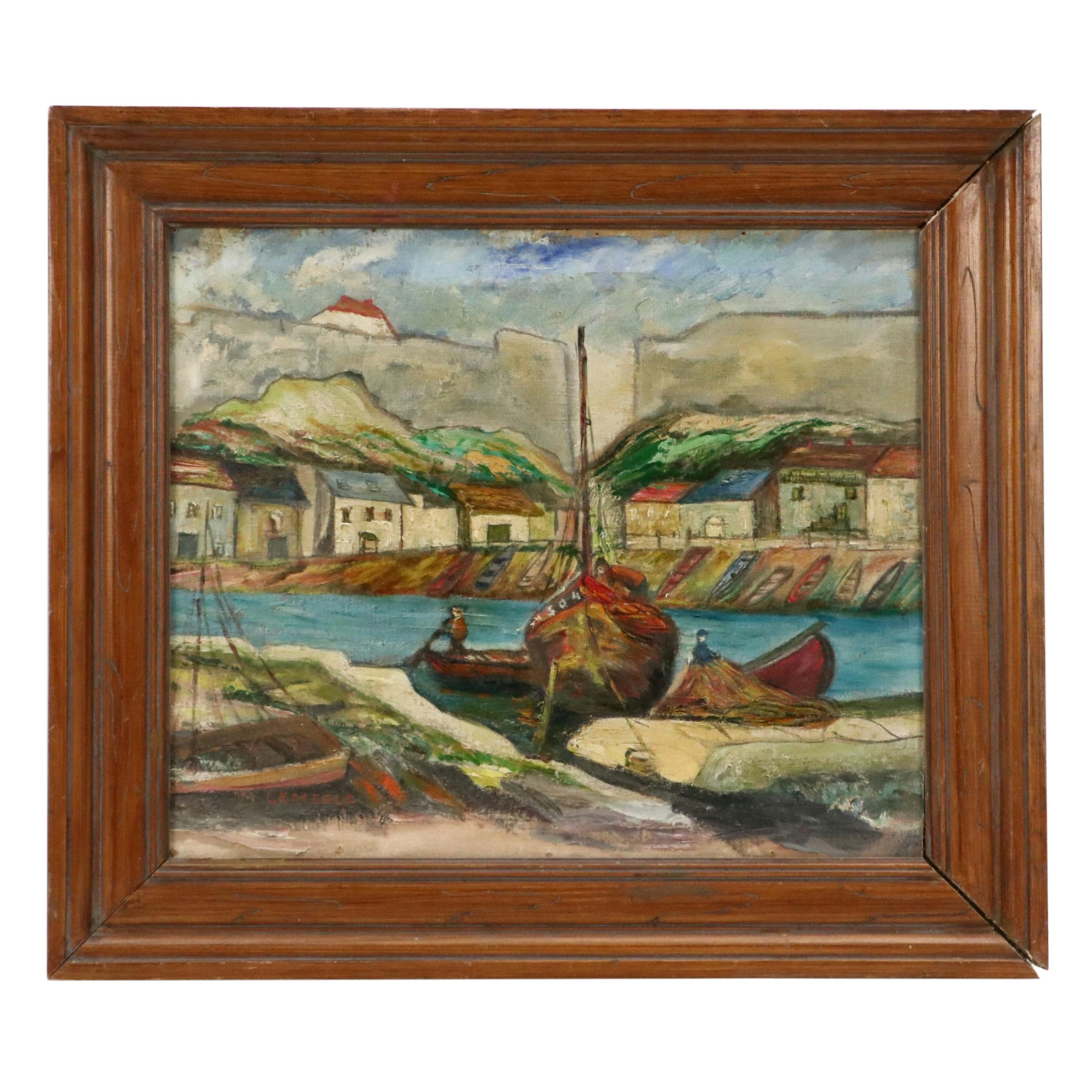 Impressionistic Oil Painting of Harbor Scene, Mid-20th Century