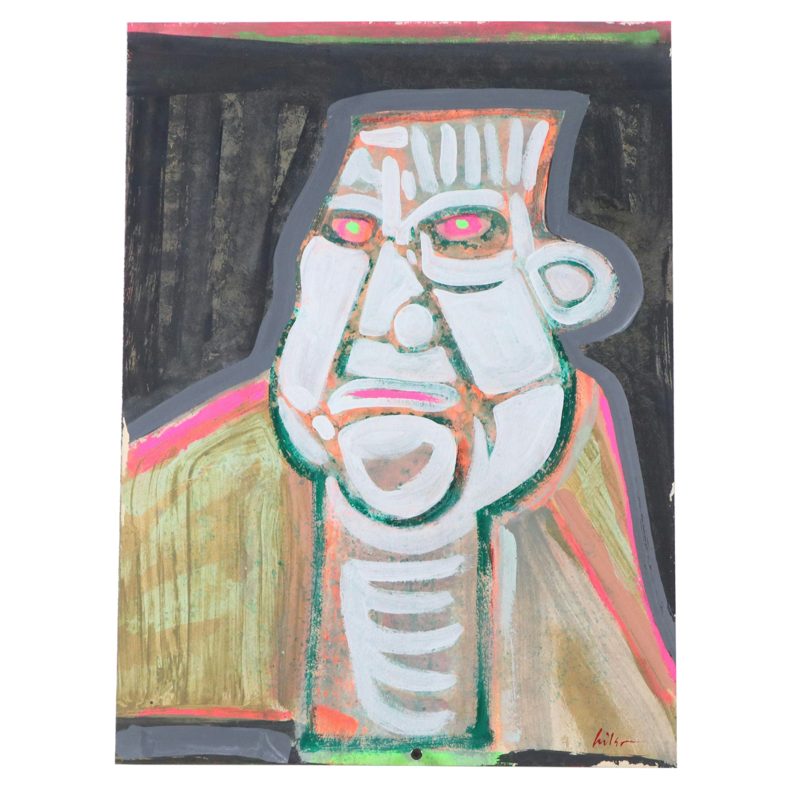 Harry Hilson Acrylic Painting of Stylized Portrait, Late 20th Century