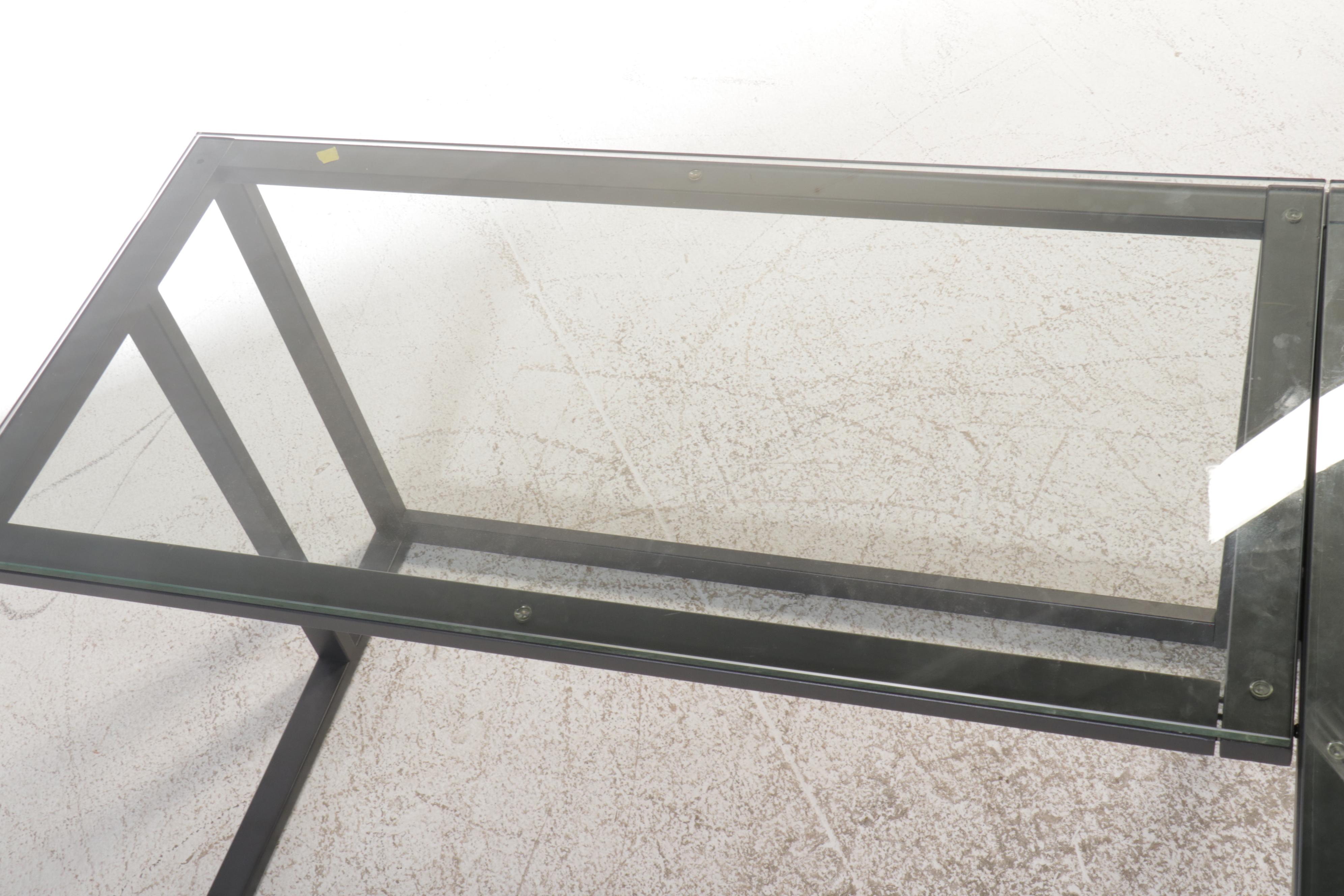 Contemporary Modern Metal Frame L-Shape Desk with Glass Top