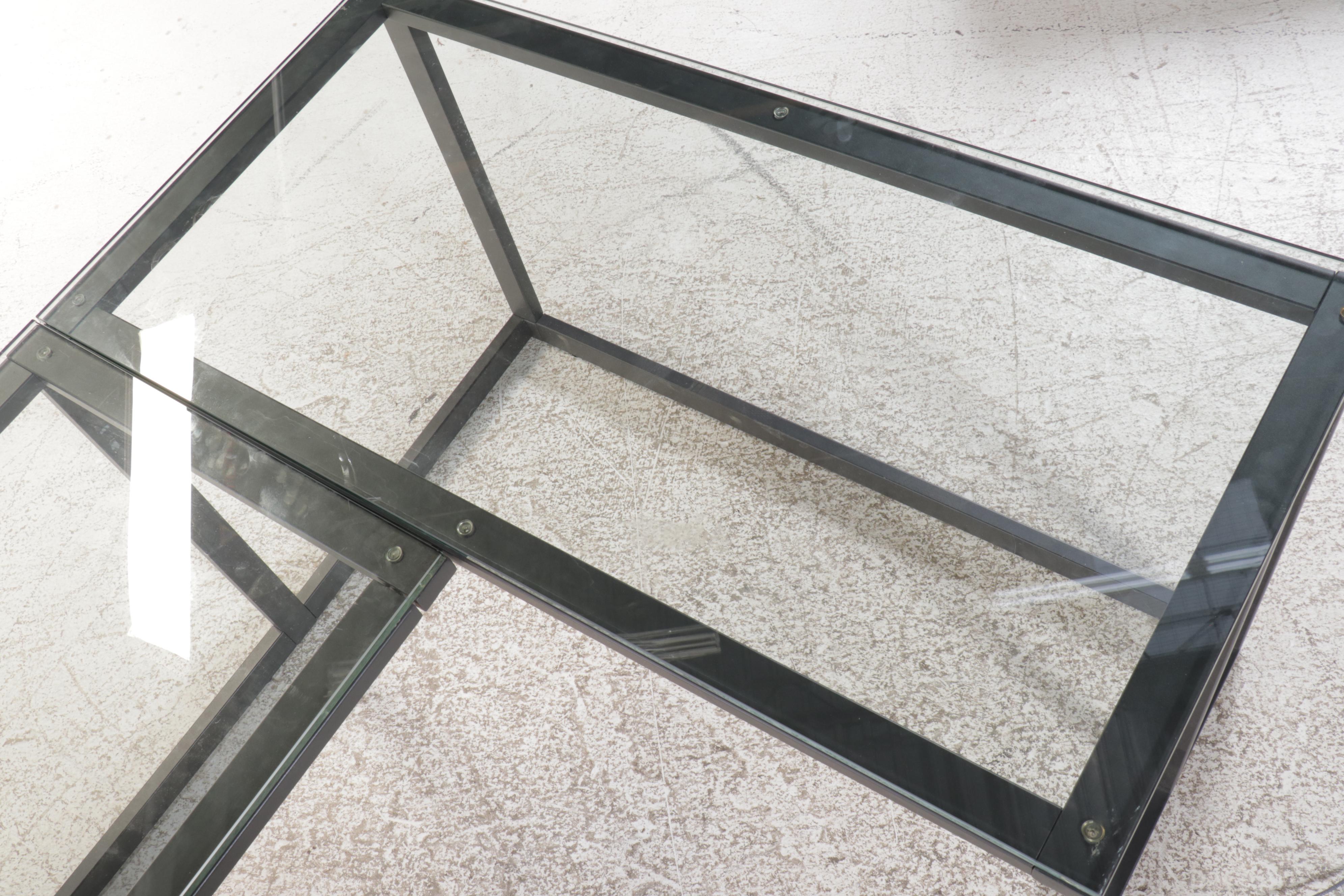 Contemporary Modern Metal Frame L-Shape Desk with Glass Top