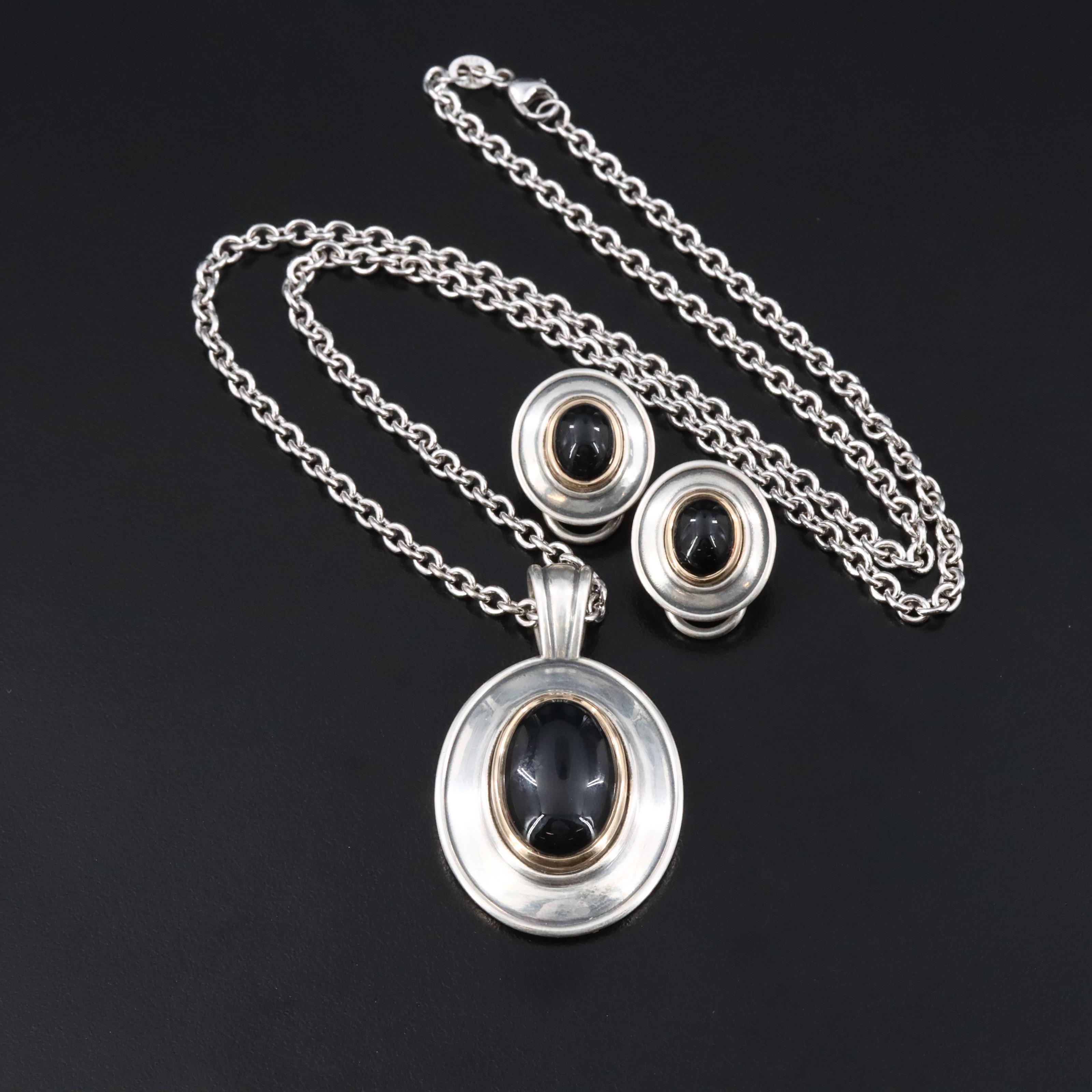 James Avery Sterling Pendant Necklace and Earrings Set with Onyx and 14K Accents