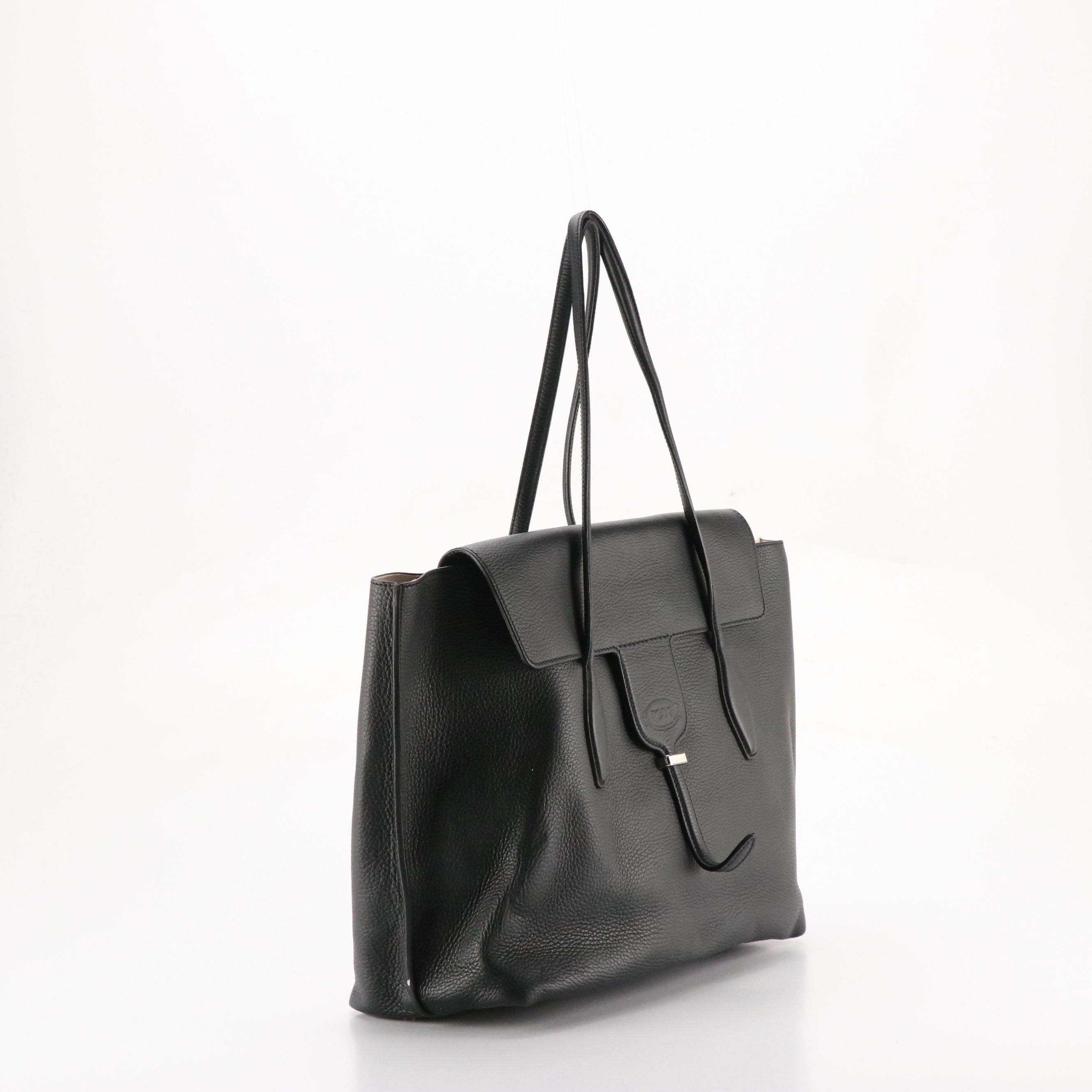 Tod's Joy Flap Tote in Black Grained Calfskin Leather