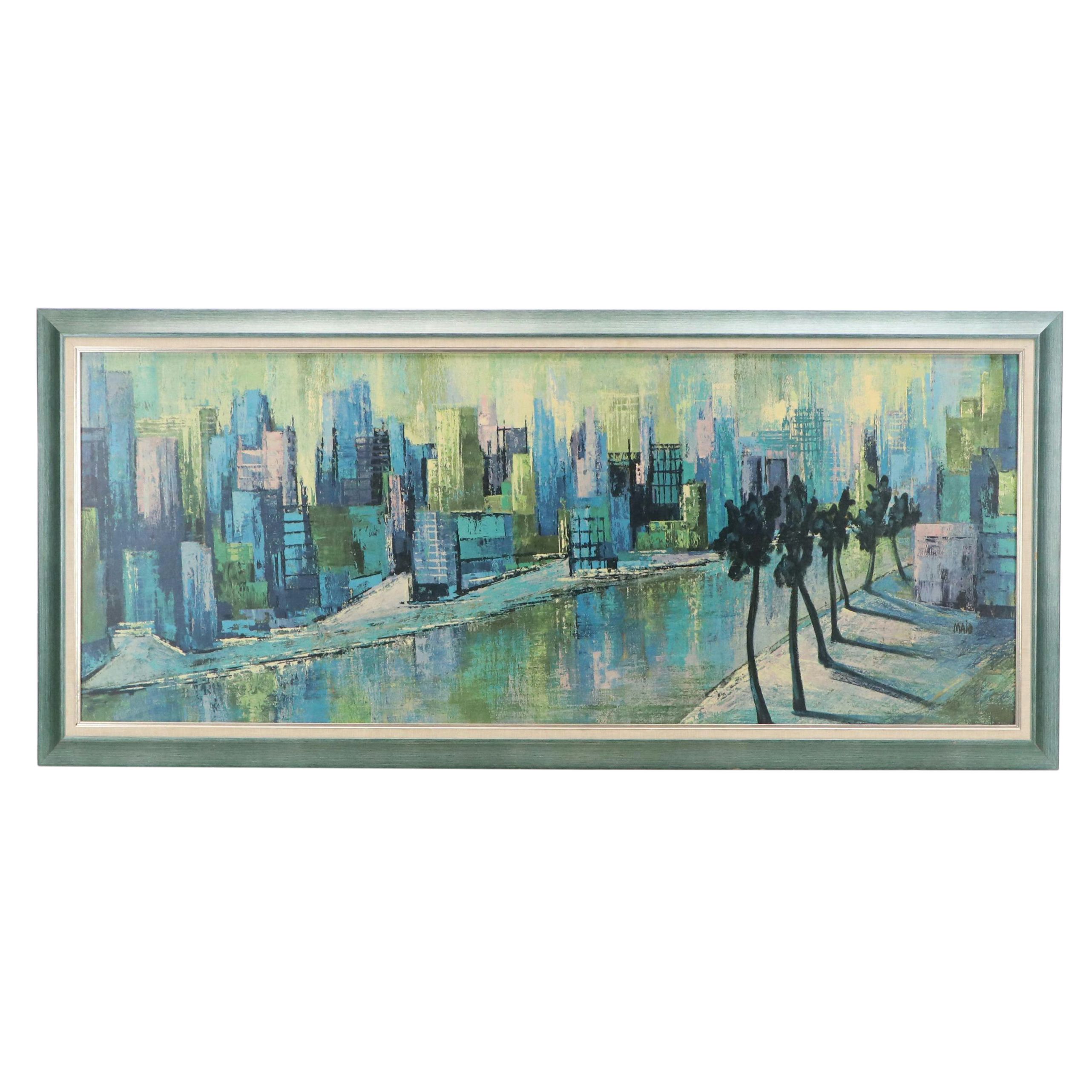 After Jean Maio Offset Lithograph of Urban Canal Scene "Skyscraper Blues"