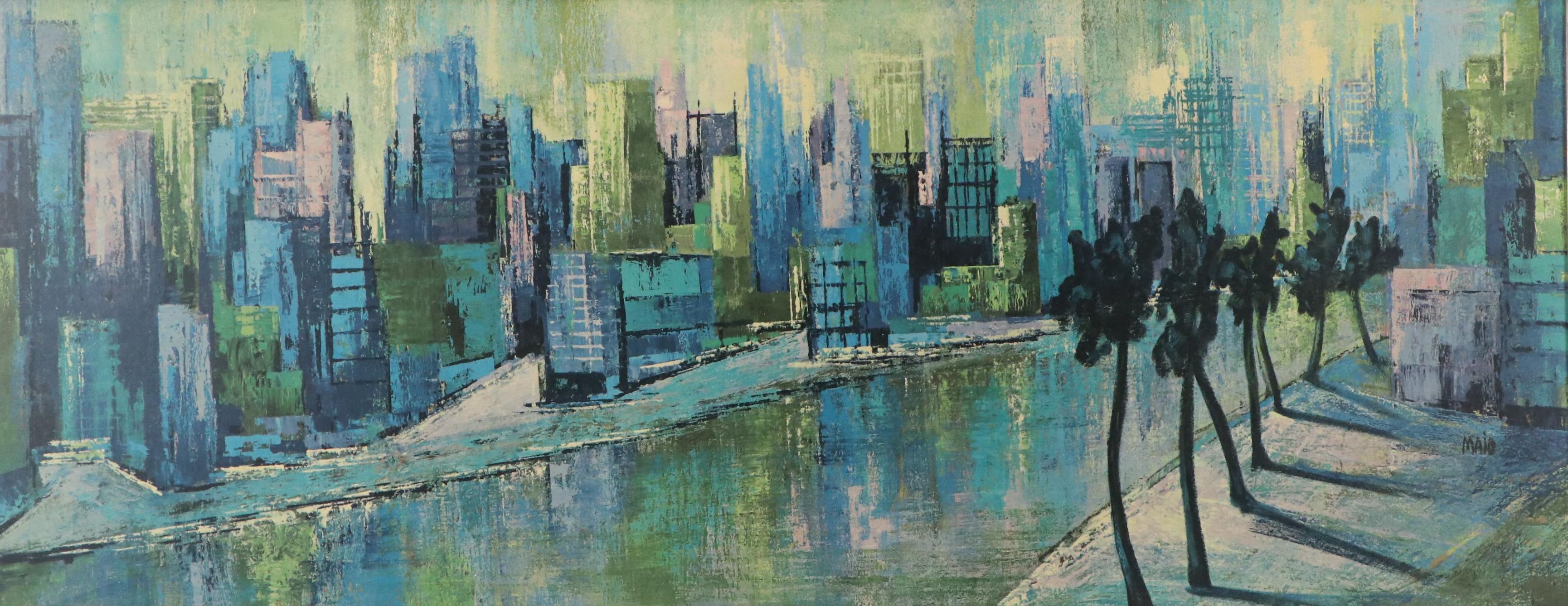 After Jean Maio Offset Lithograph of Urban Canal Scene "Skyscraper Blues"