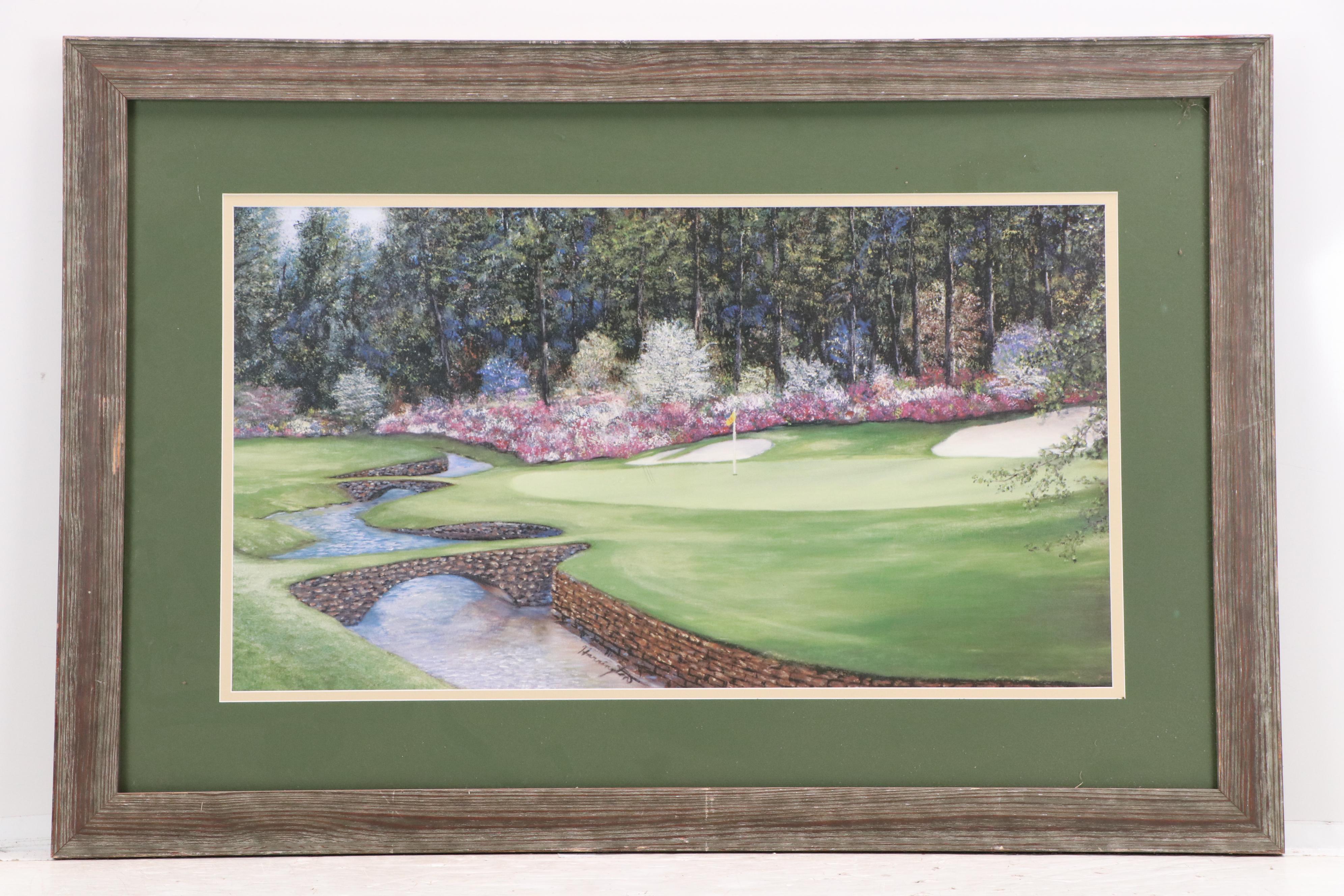 Golf-Themed Artwork Offset Lithograph with Golf Novelty Needlepoint Panel