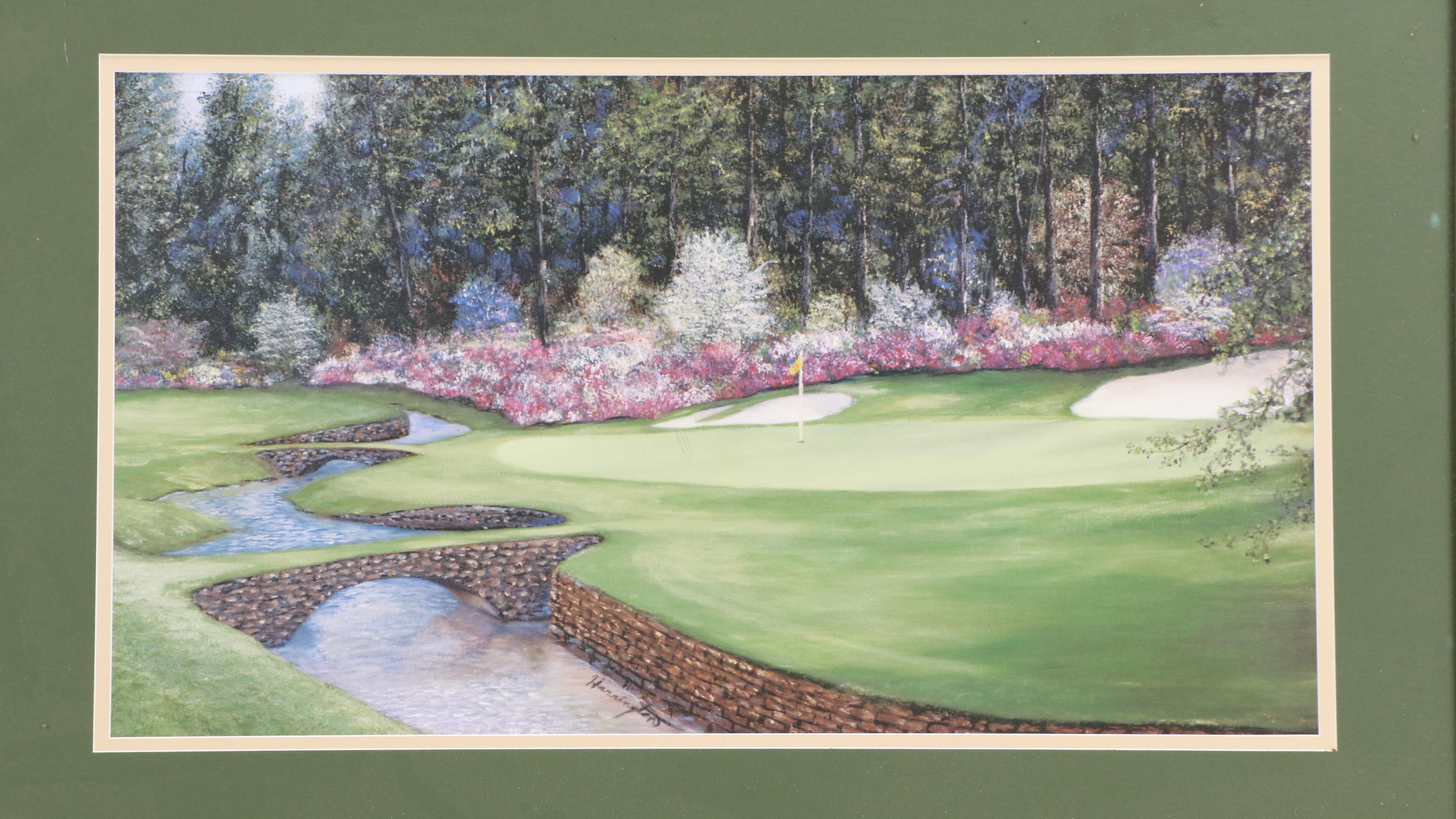 Golf-Themed Artwork Offset Lithograph with Golf Novelty Needlepoint Panel