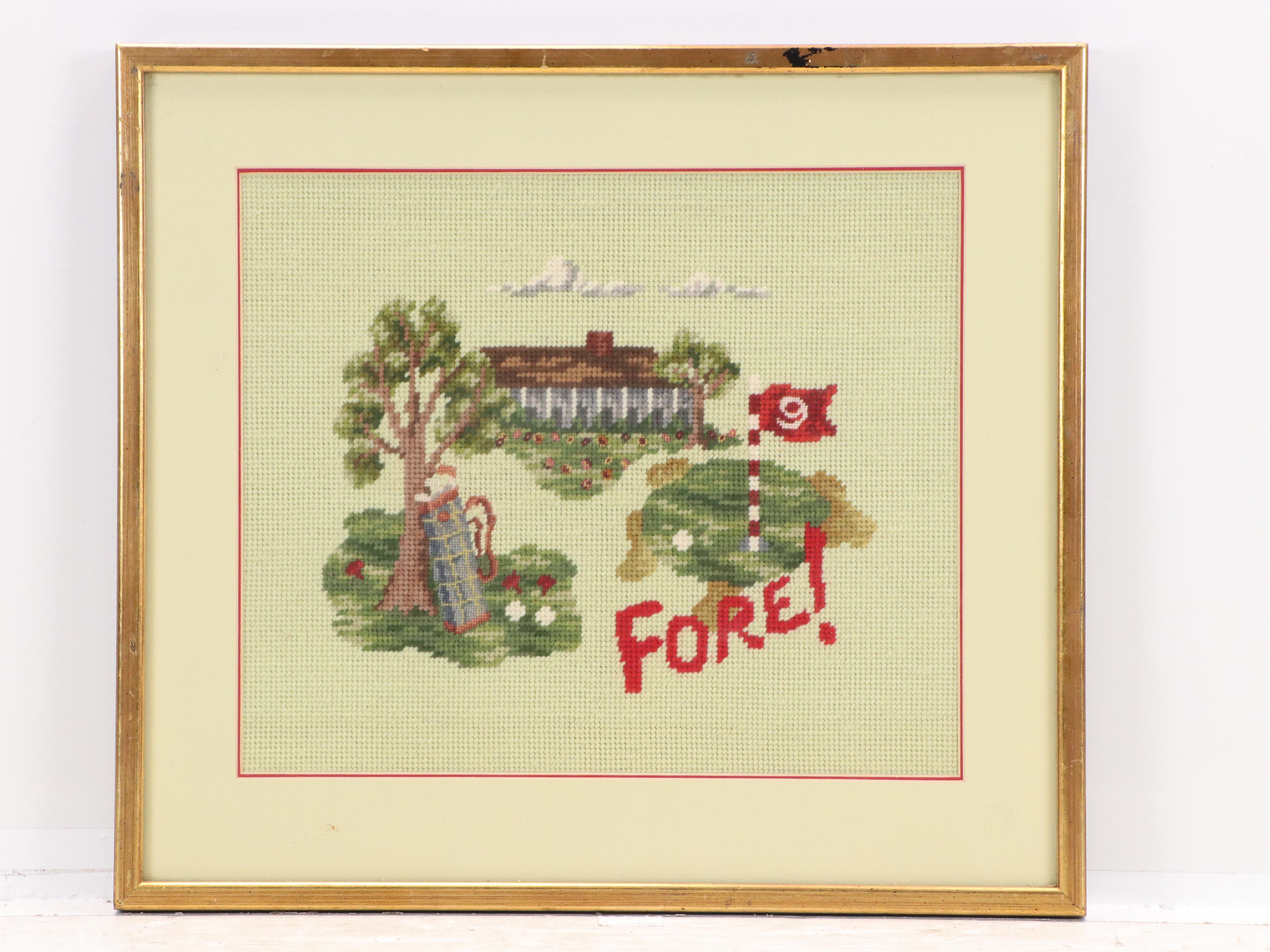 Golf-Themed Artwork Offset Lithograph with Golf Novelty Needlepoint Panel