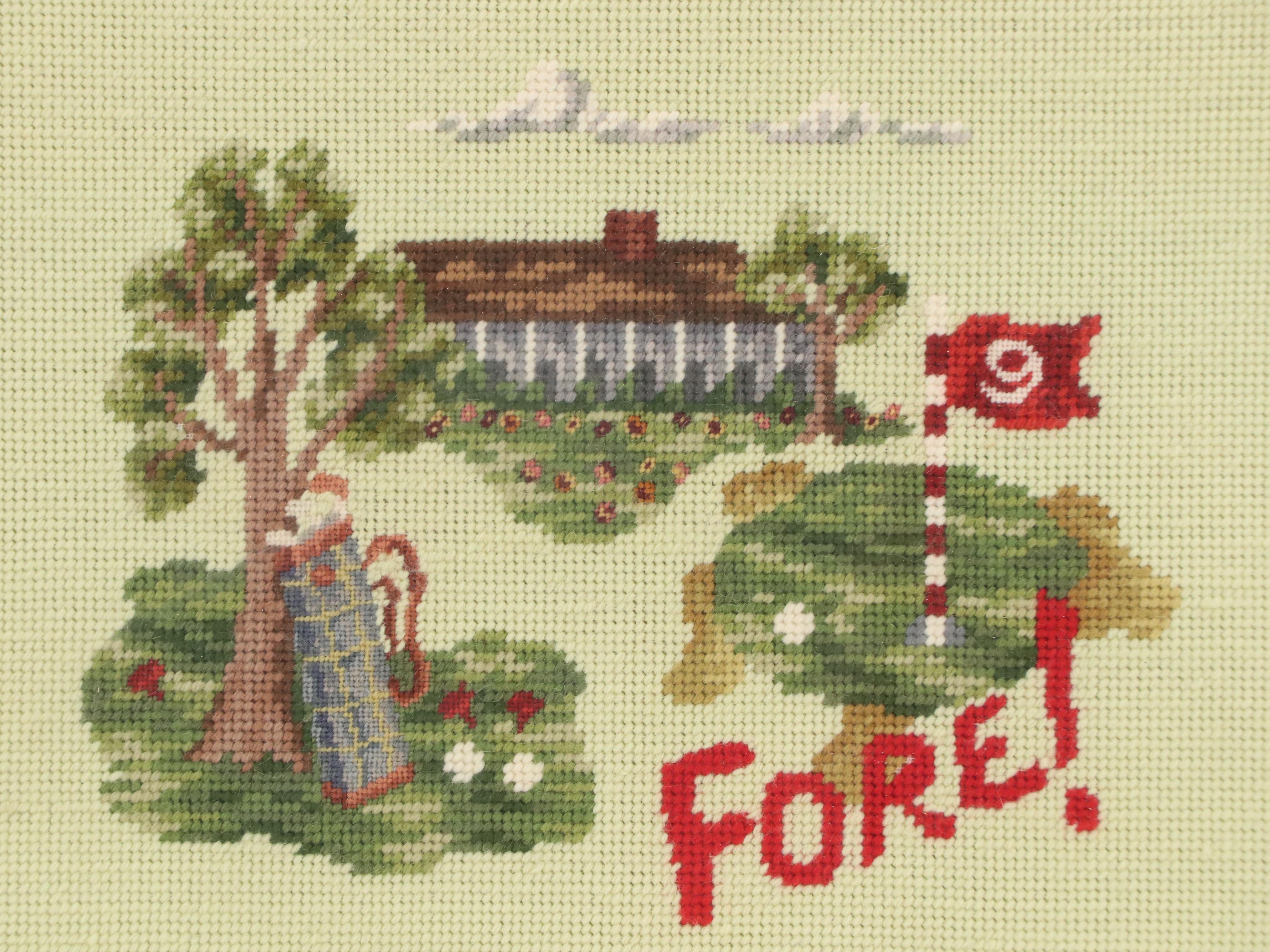 Golf-Themed Artwork Offset Lithograph with Golf Novelty Needlepoint Panel