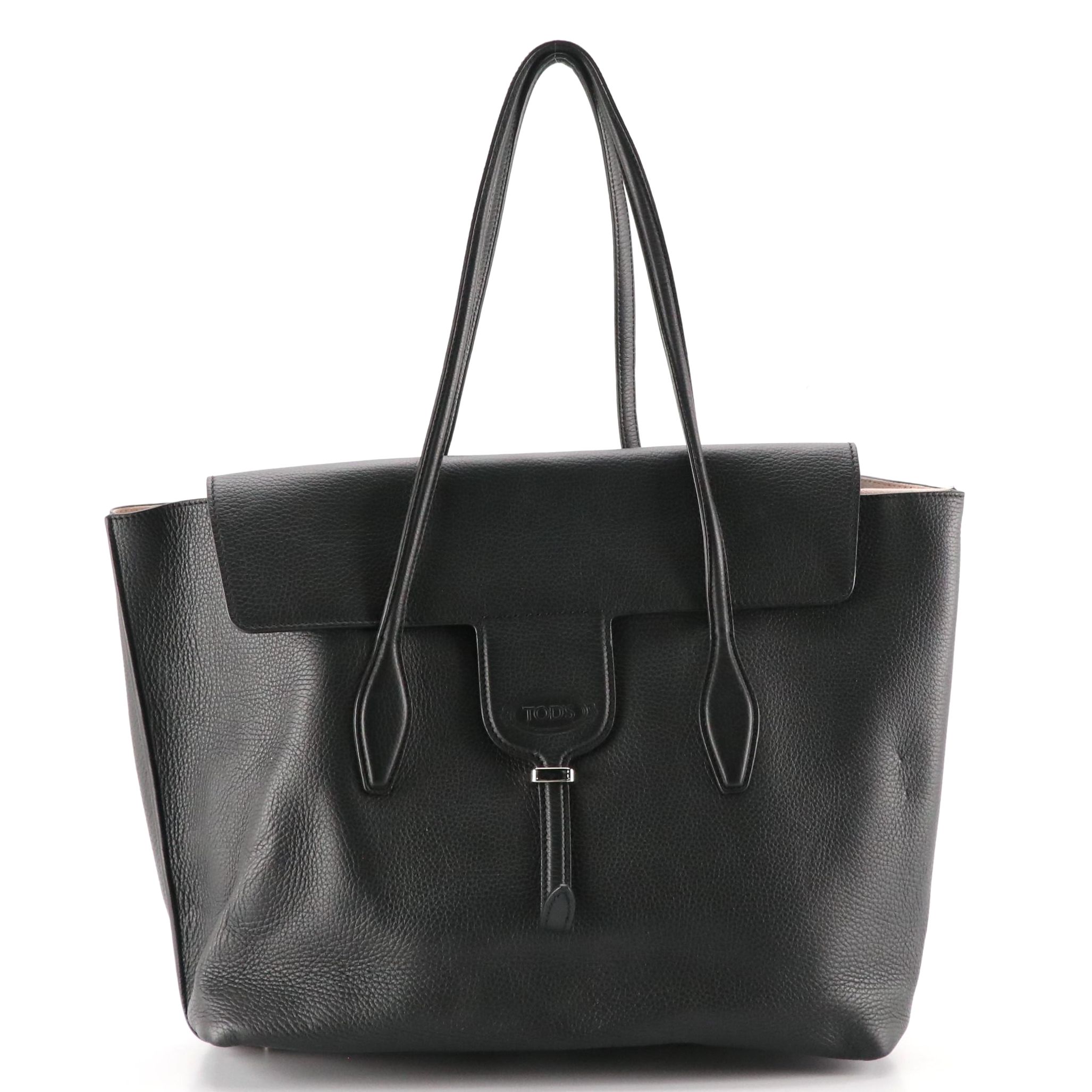 Tod's Joy Flap Tote in Black Grained Calfskin Leather