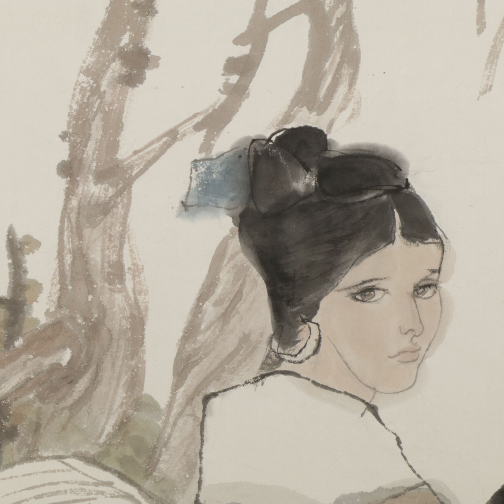 Zhou Sicong Large Watercolor Scroll Painting of Two Women in a Garden