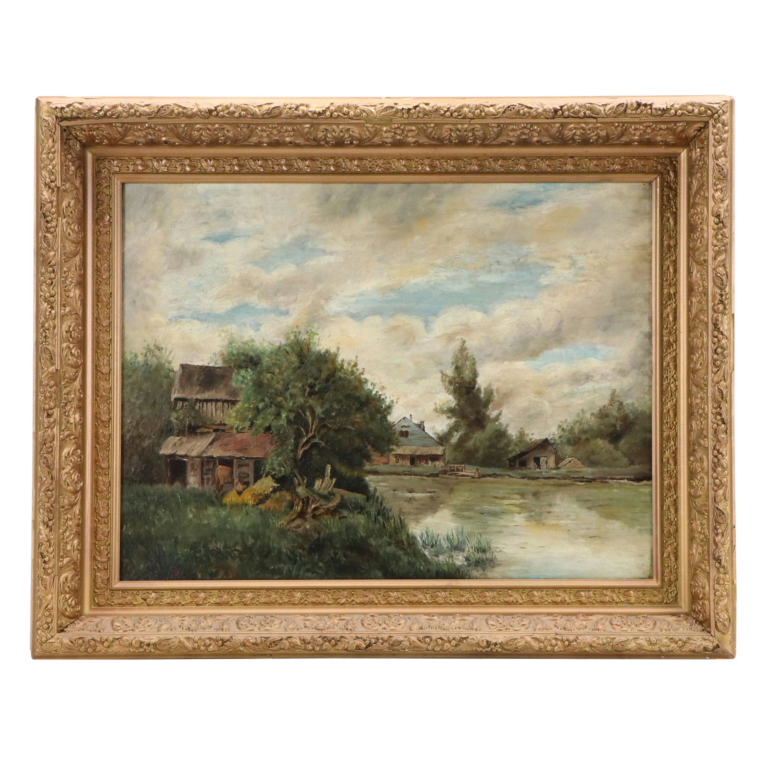 American School Farm Landscape Oil Painting, 1893
