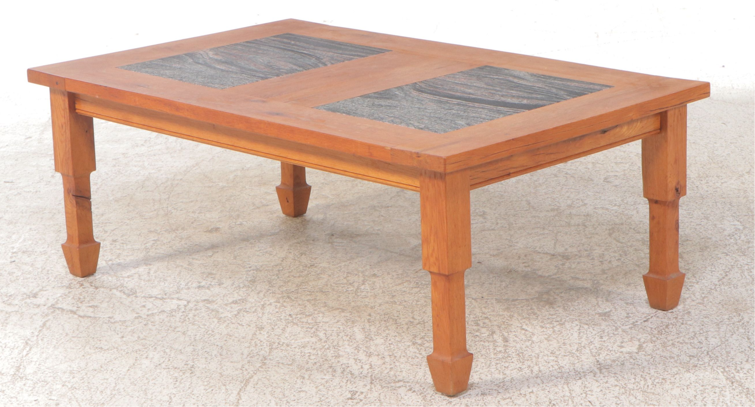 Rustic Style Pine Coffee Table with Stone Inset Top
