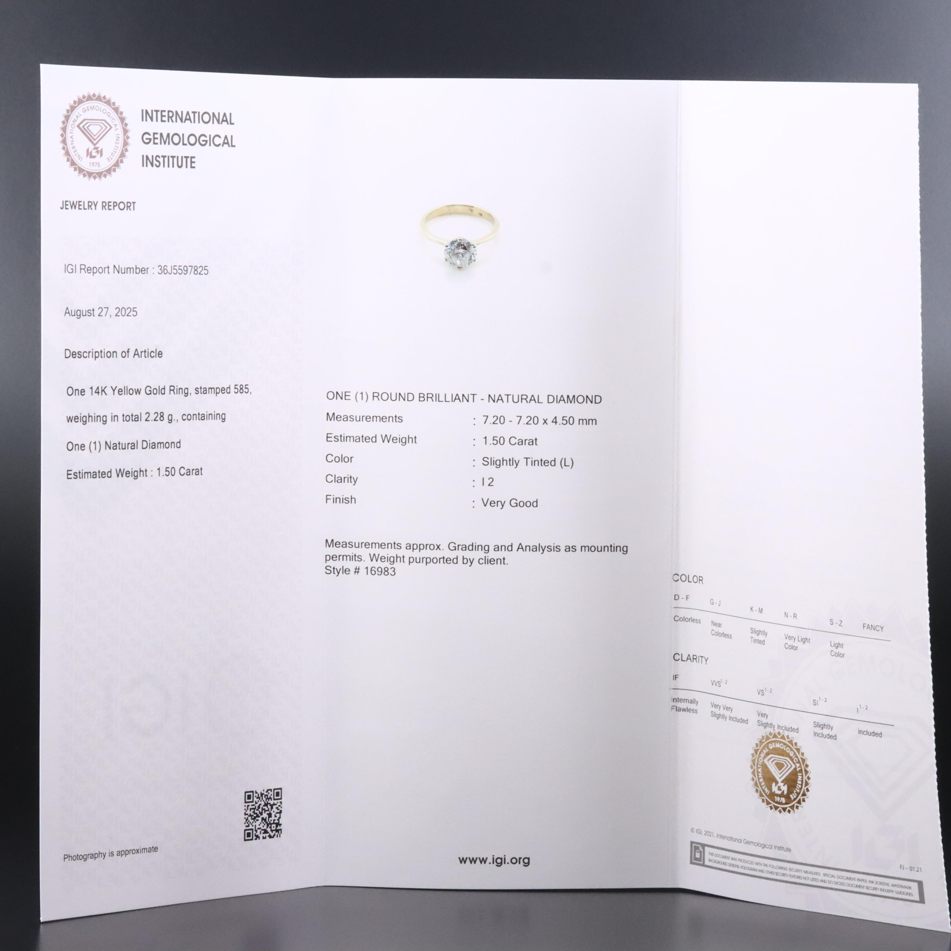 14K 1.50 CT Diamond Solitaire Ring with IGI Jewelry Report