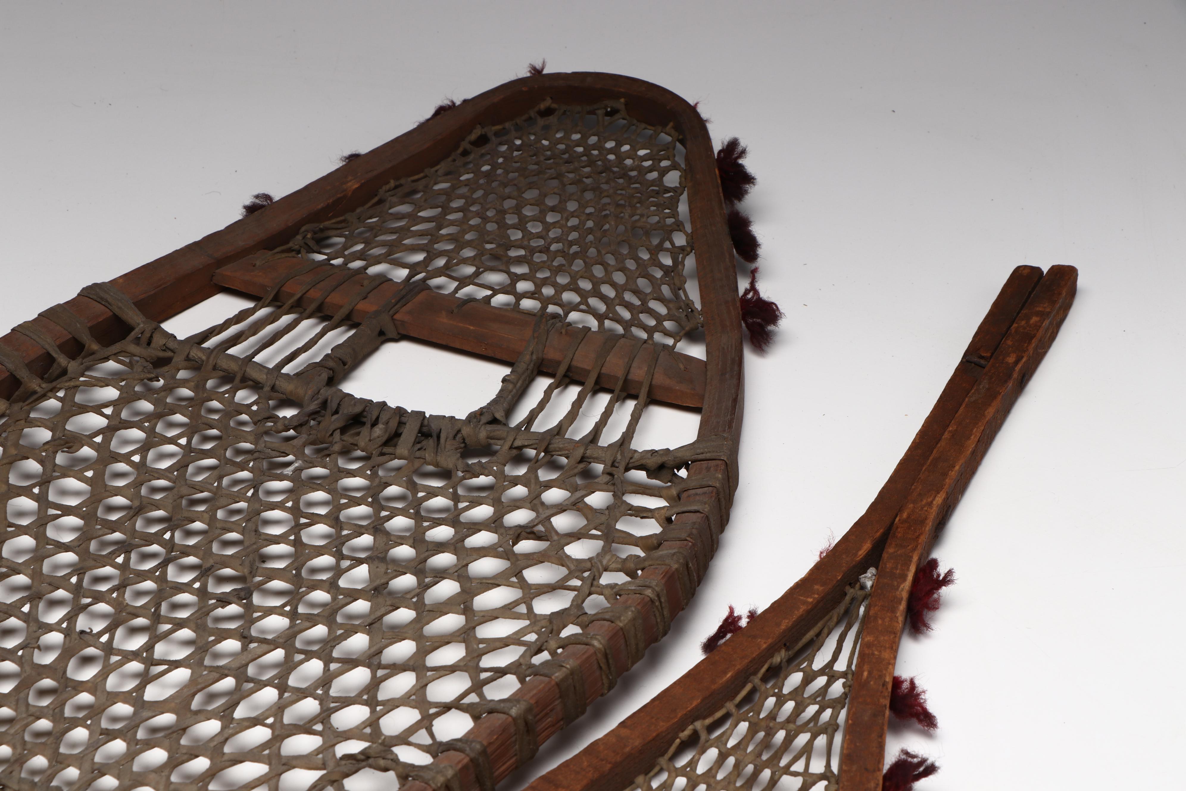 Ojibwe or Cree Wood and Leather Pom-Pom Snowshoes