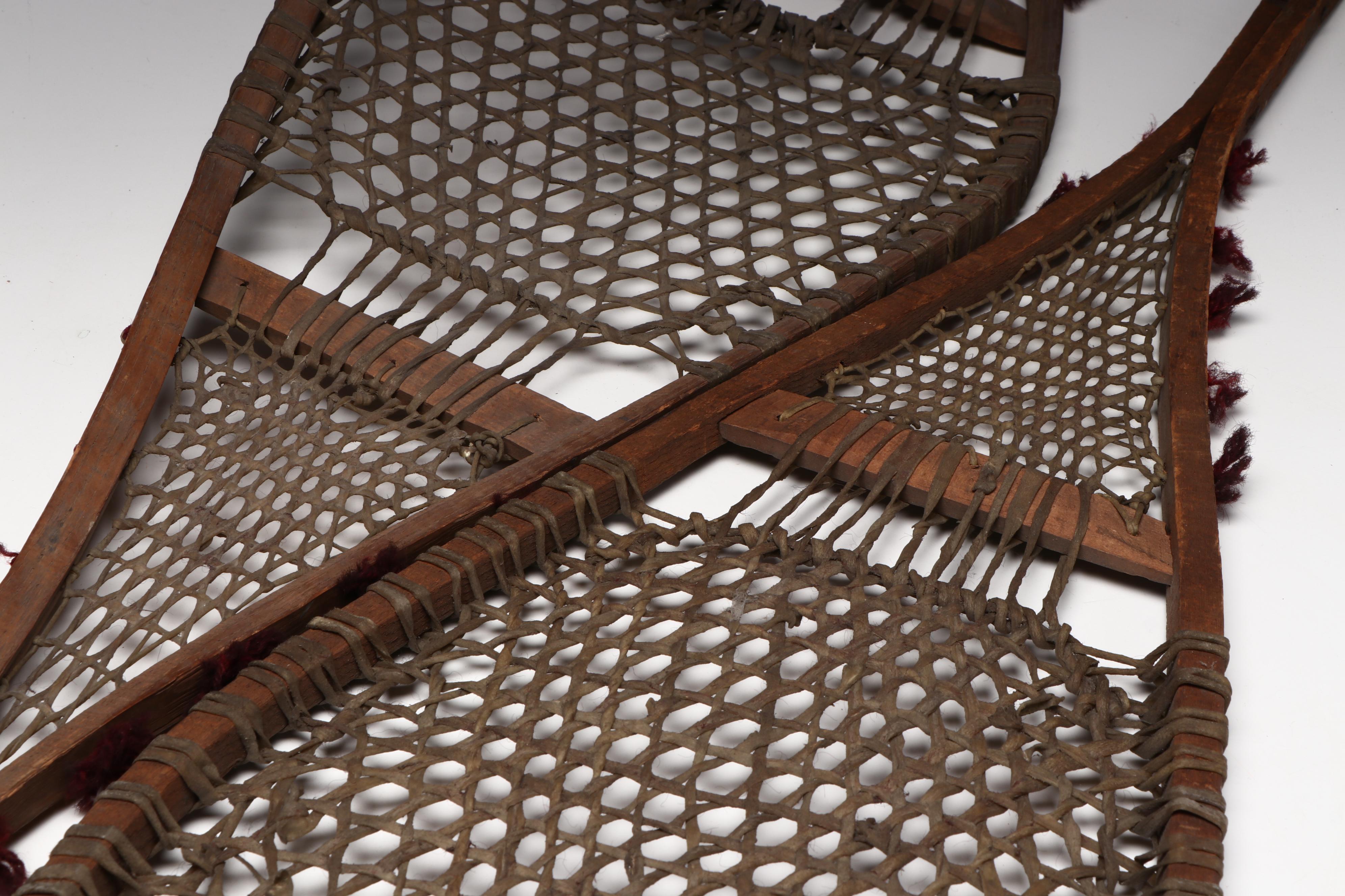 Ojibwe or Cree Wood and Leather Pom-Pom Snowshoes