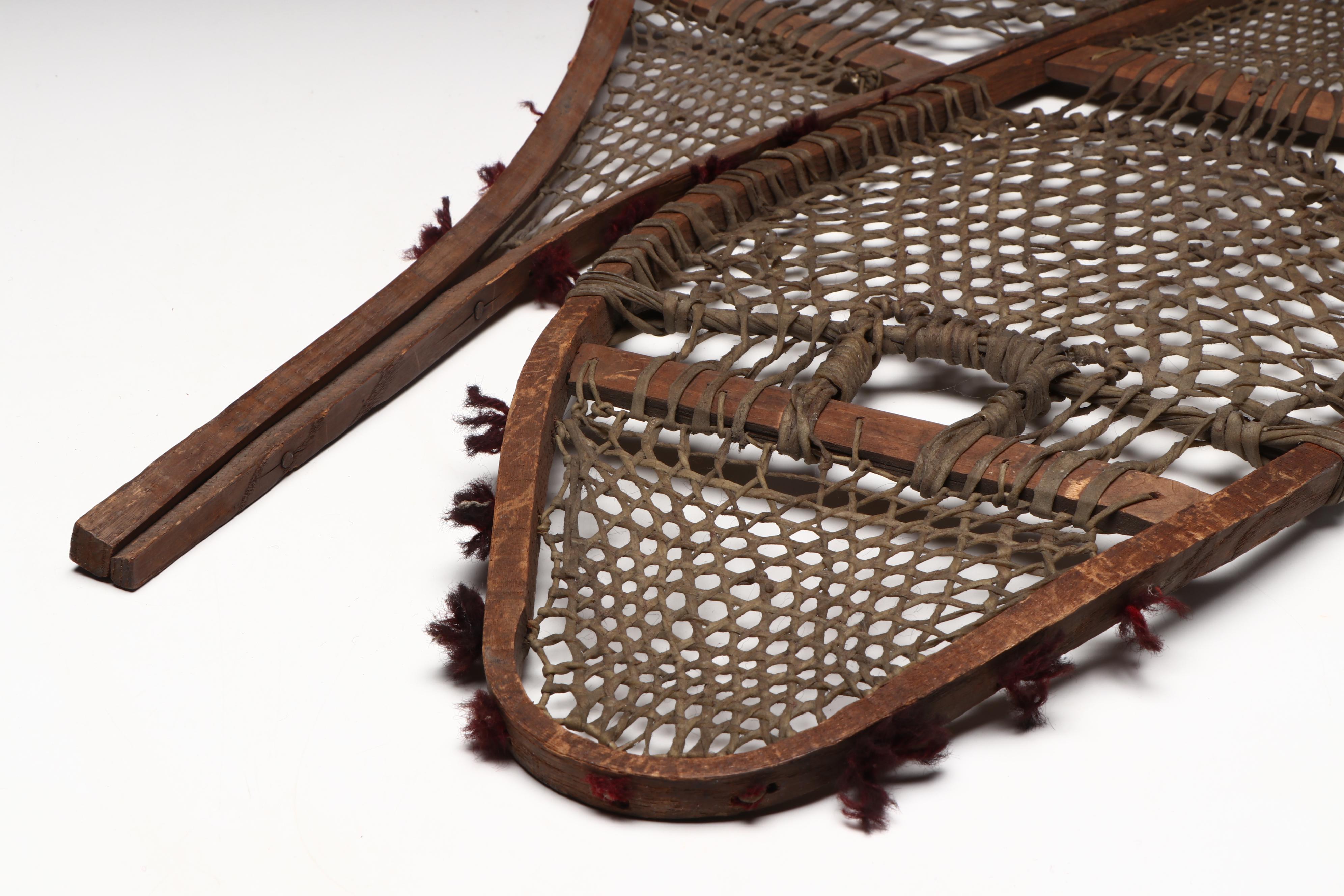 Ojibwe or Cree Wood and Leather Pom-Pom Snowshoes