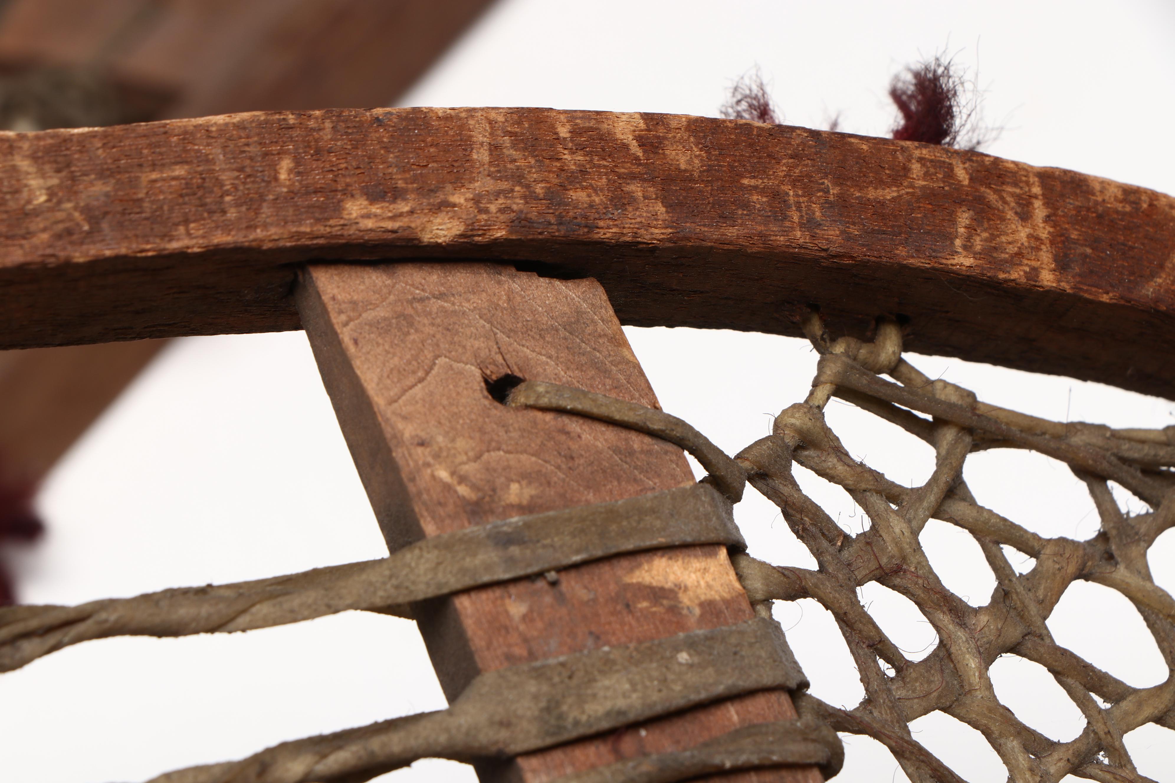 Ojibwe or Cree Wood and Leather Pom-Pom Snowshoes