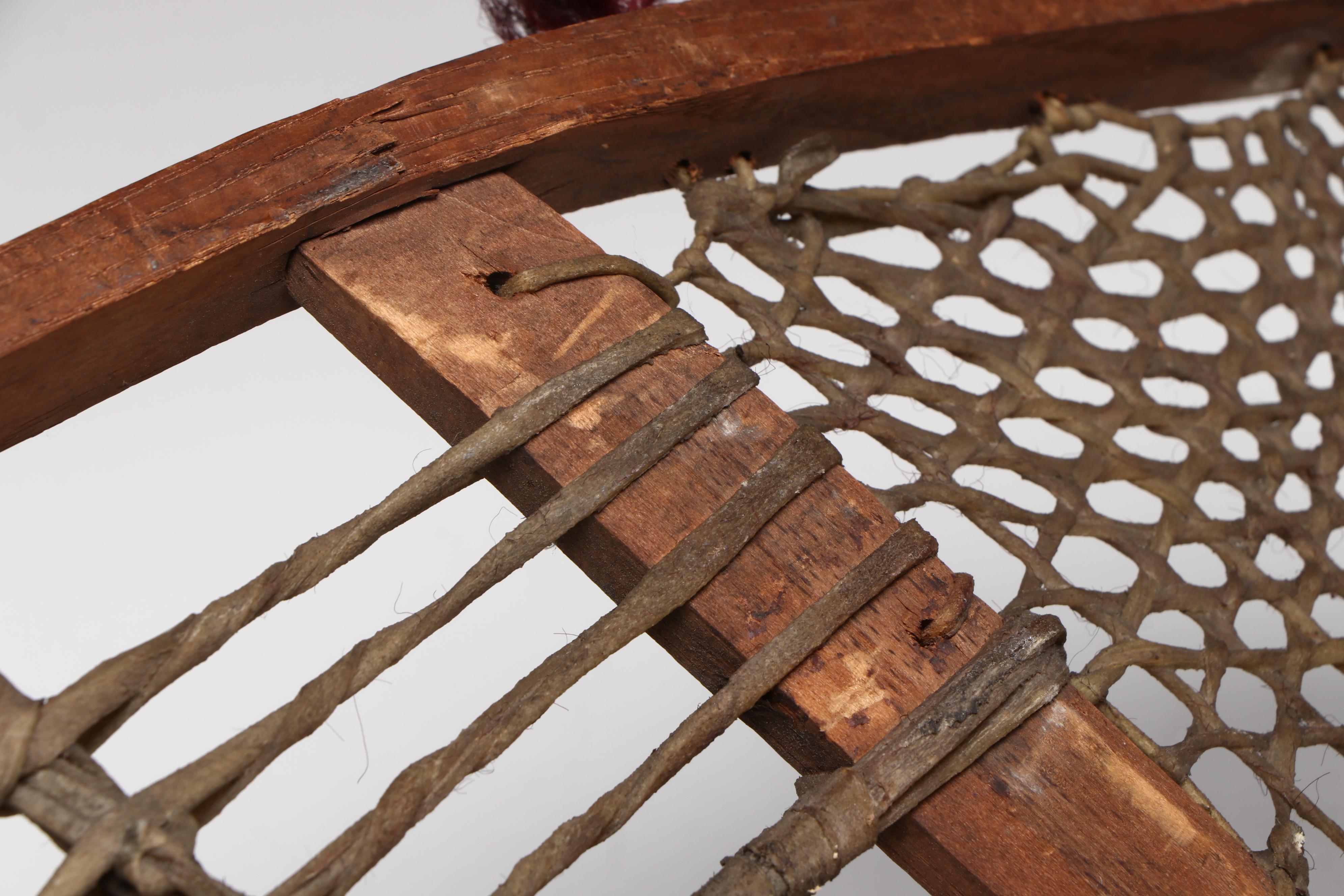 Ojibwe or Cree Wood and Leather Pom-Pom Snowshoes