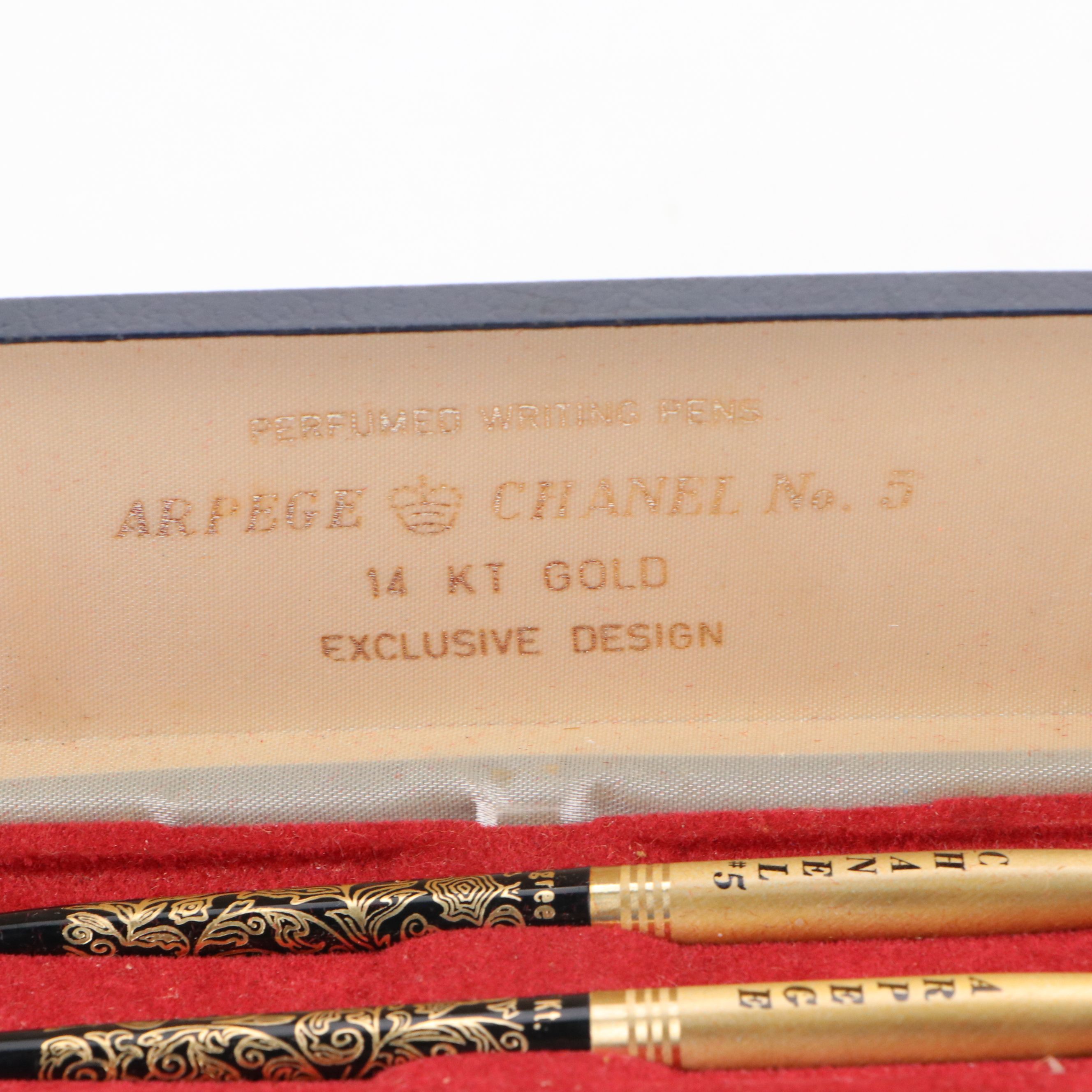 Arpege and Chanel No. 5 14KT Gold Filigree Pen Set, 1960s