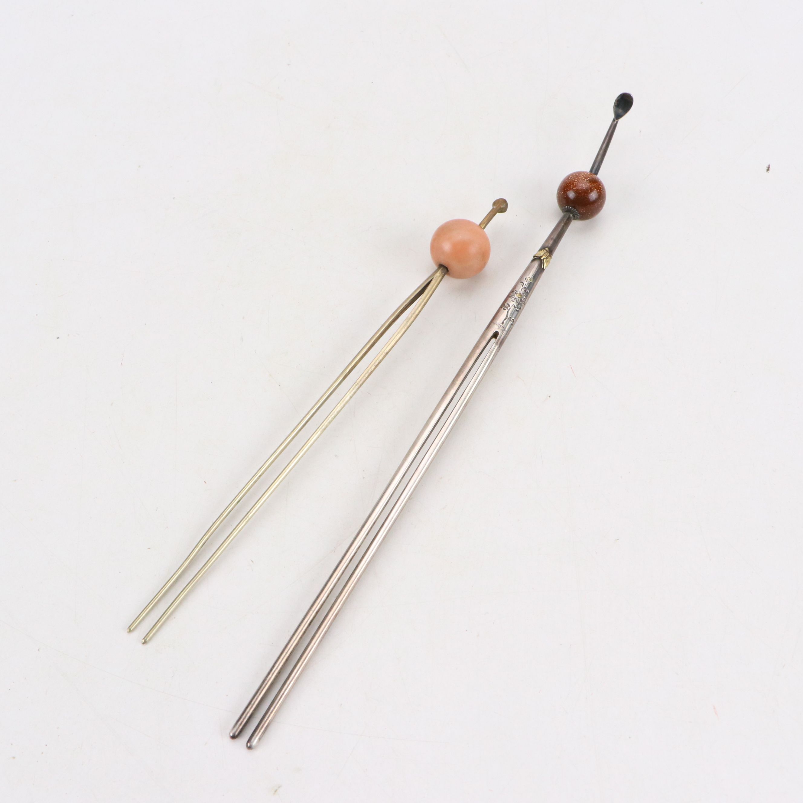 Chinese Sterling and Plate Pins, Embellished with Coral and Goldstone Glass