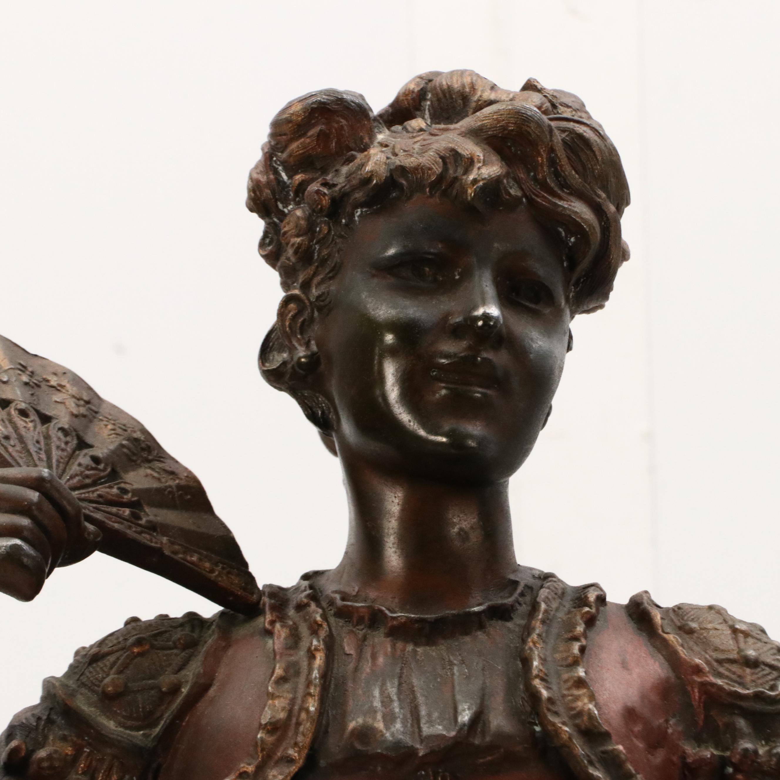 Cast Metal Sculpture of French Lady With Fan