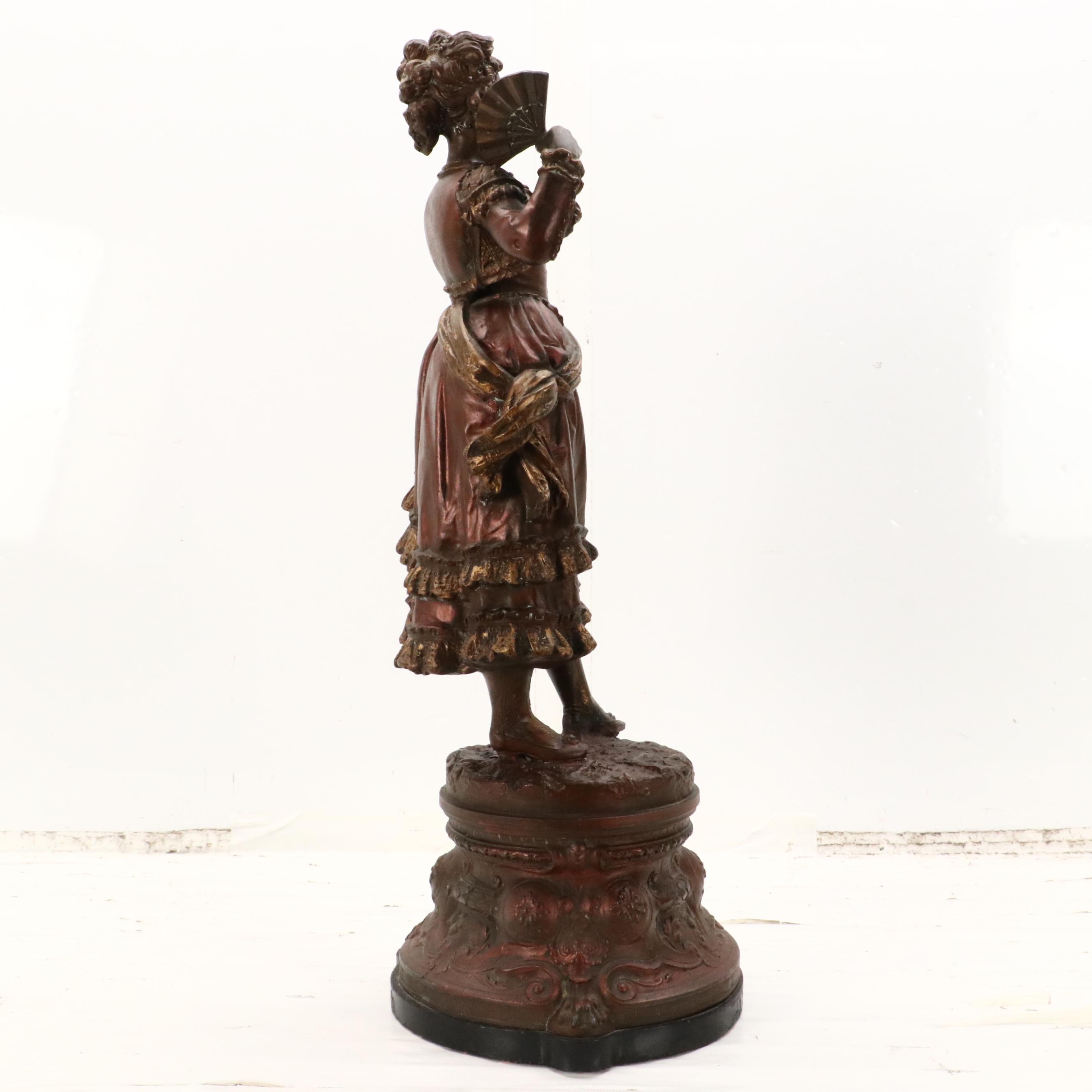 Cast Metal Sculpture of French Lady With Fan