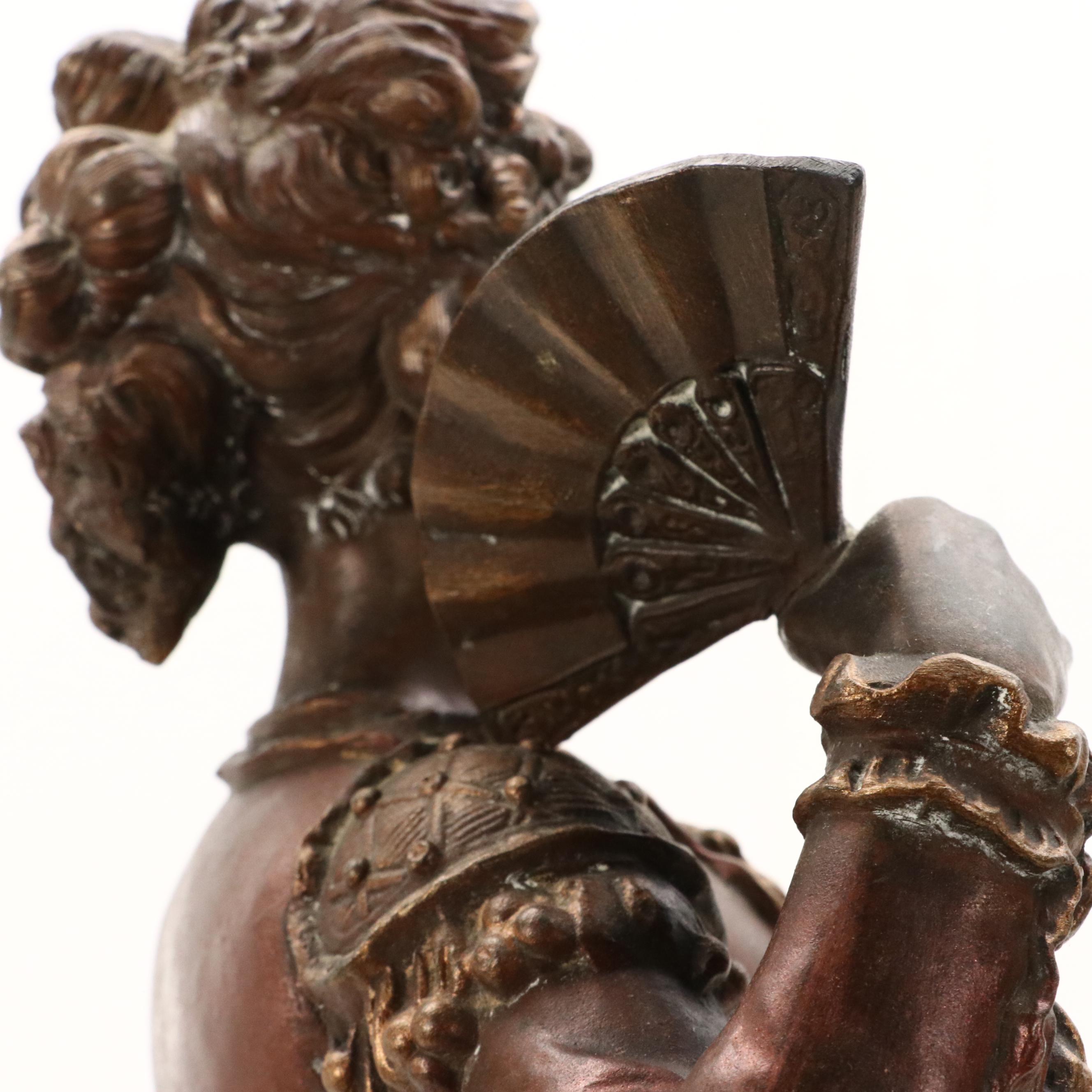 Cast Metal Sculpture of French Lady With Fan