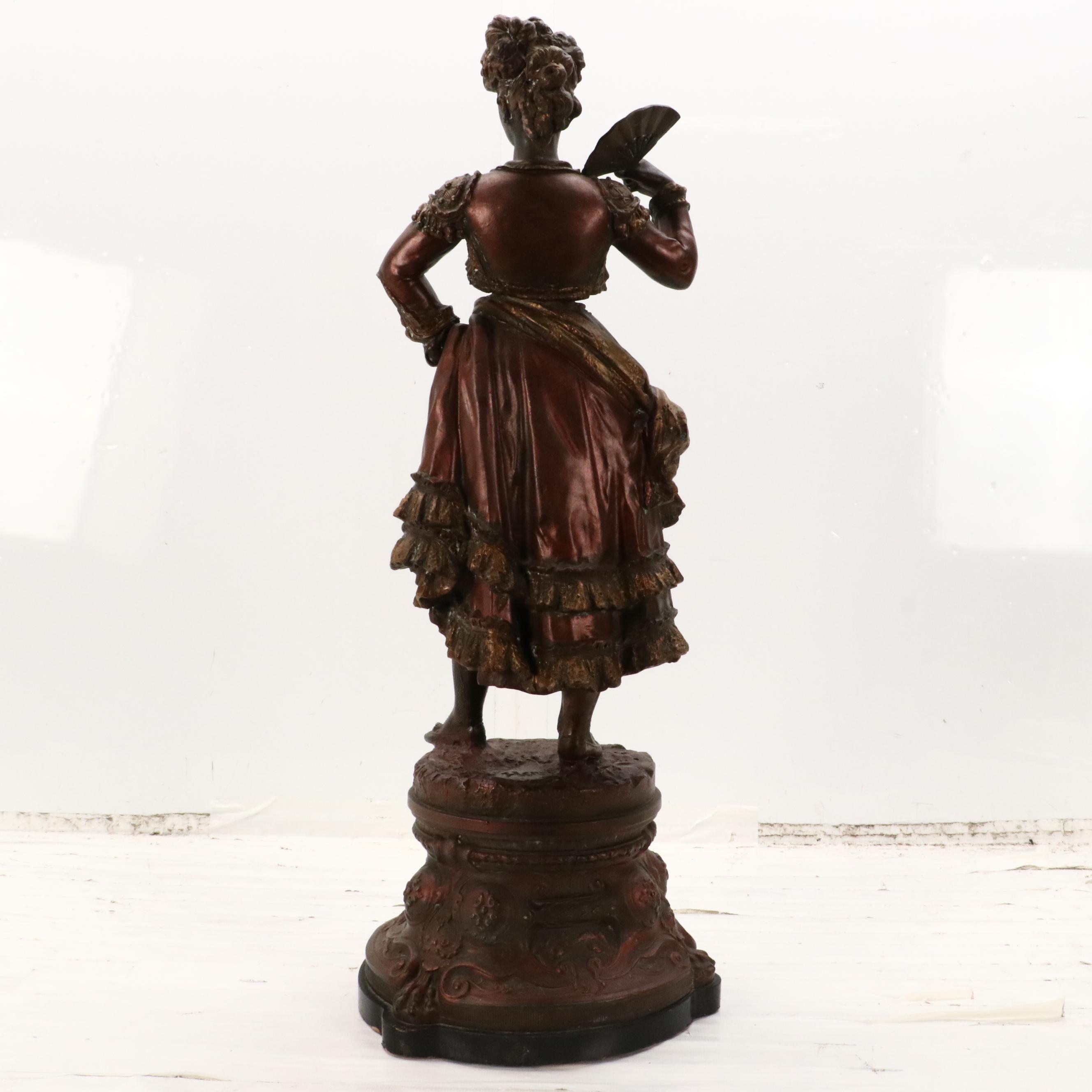 Cast Metal Sculpture of French Lady With Fan