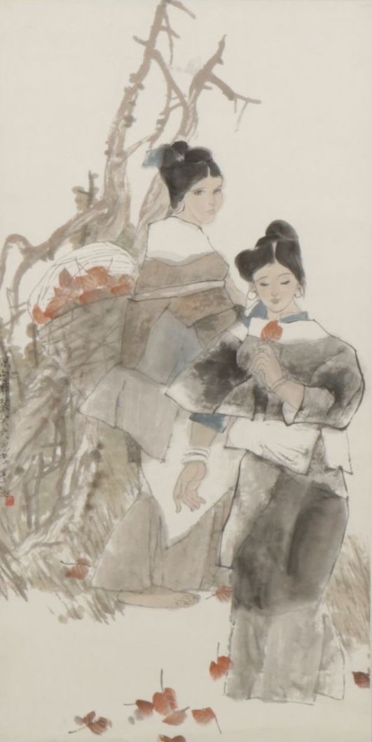Zhou Sicong Large Watercolor Scroll Painting of Two Women in a Garden